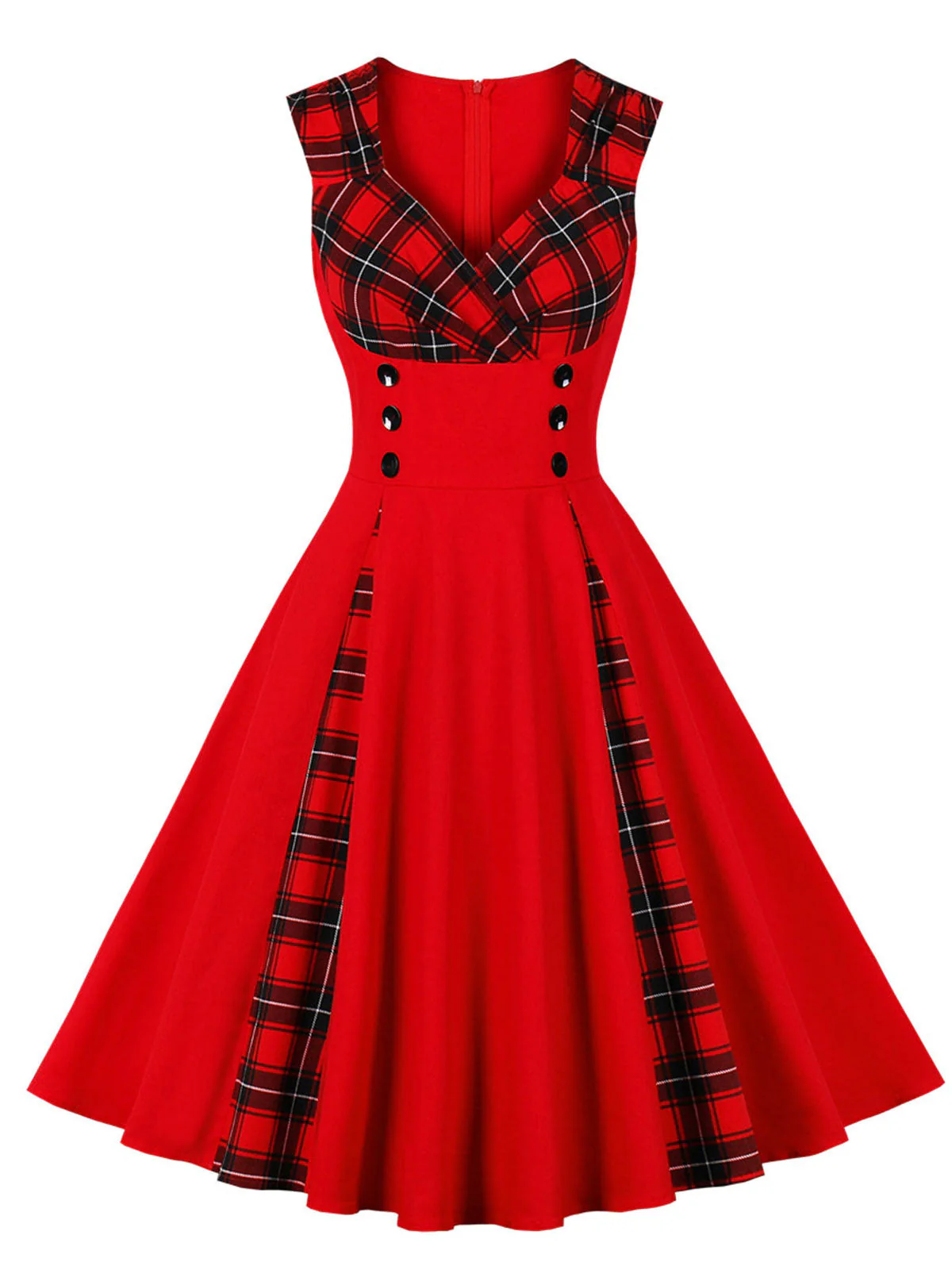 Red & Black 1950s Plaid V-Neck Dress - Image 3