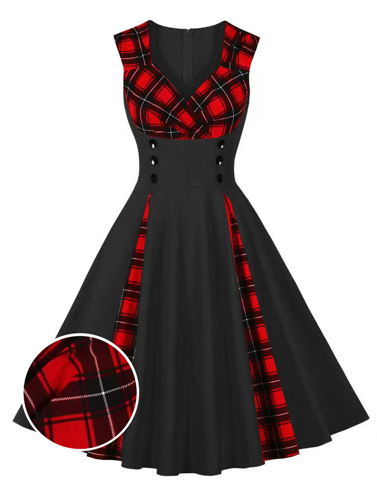 Red & Black 1950s Plaid V-Neck Dress - Image 7