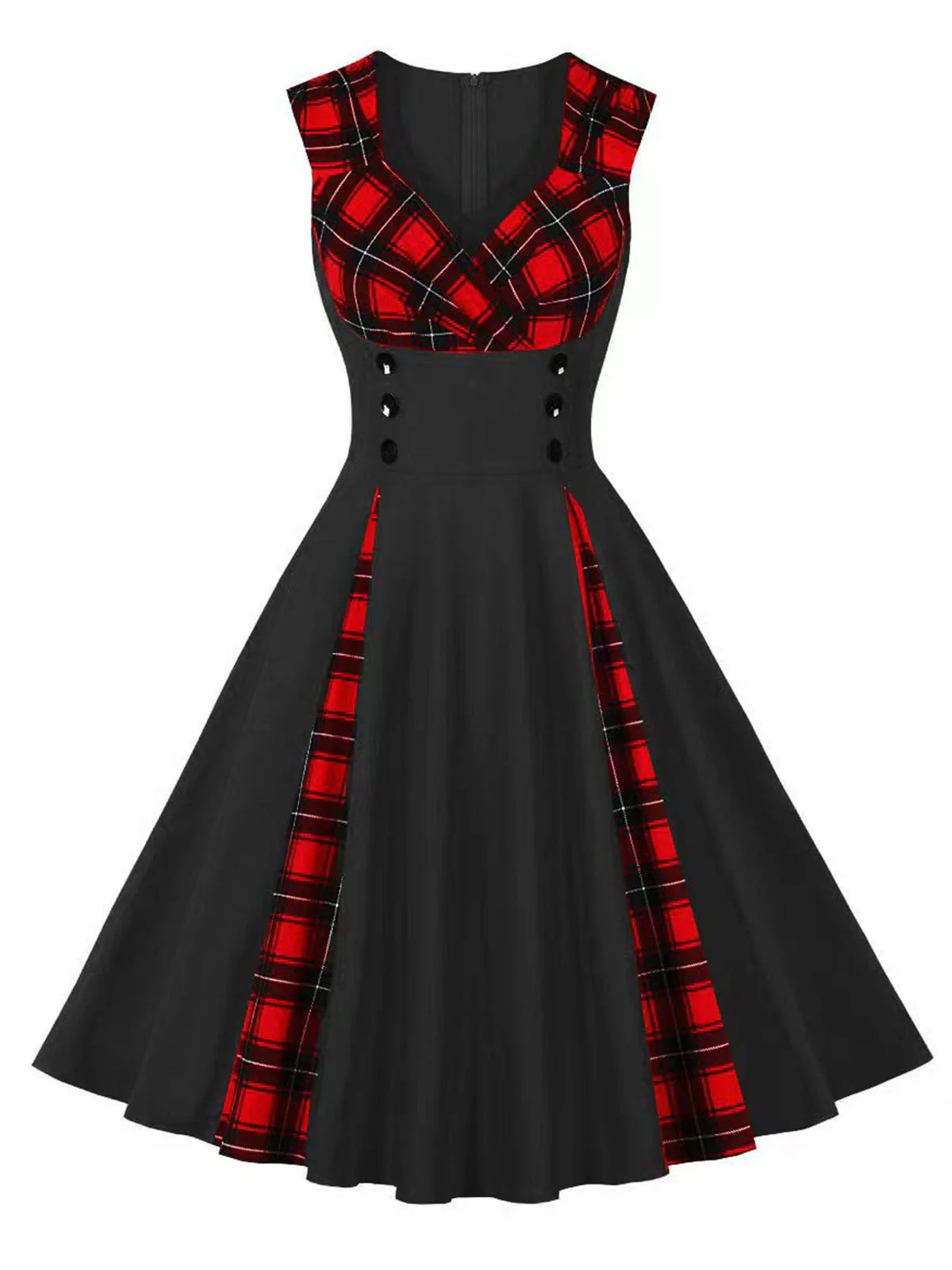 Red & Black 1950s Plaid V-Neck Dress - Image 8