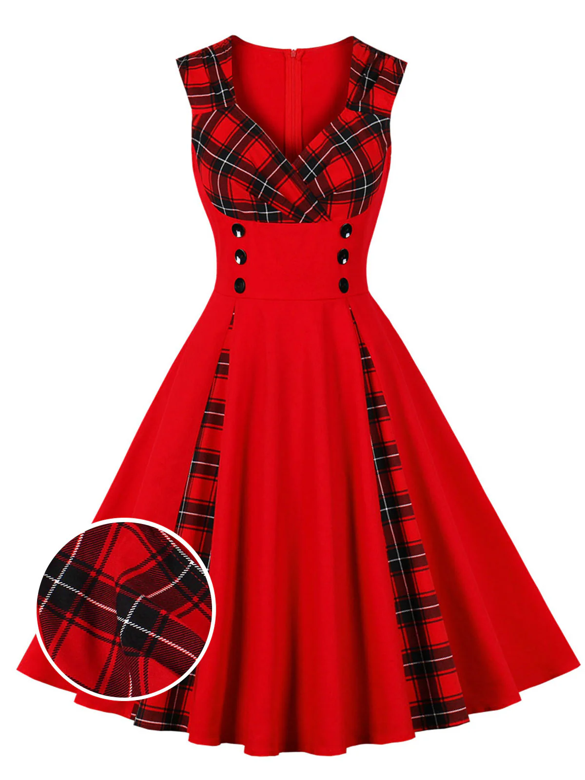 Red & Black 1950s Plaid V-Neck Dress - Image 2