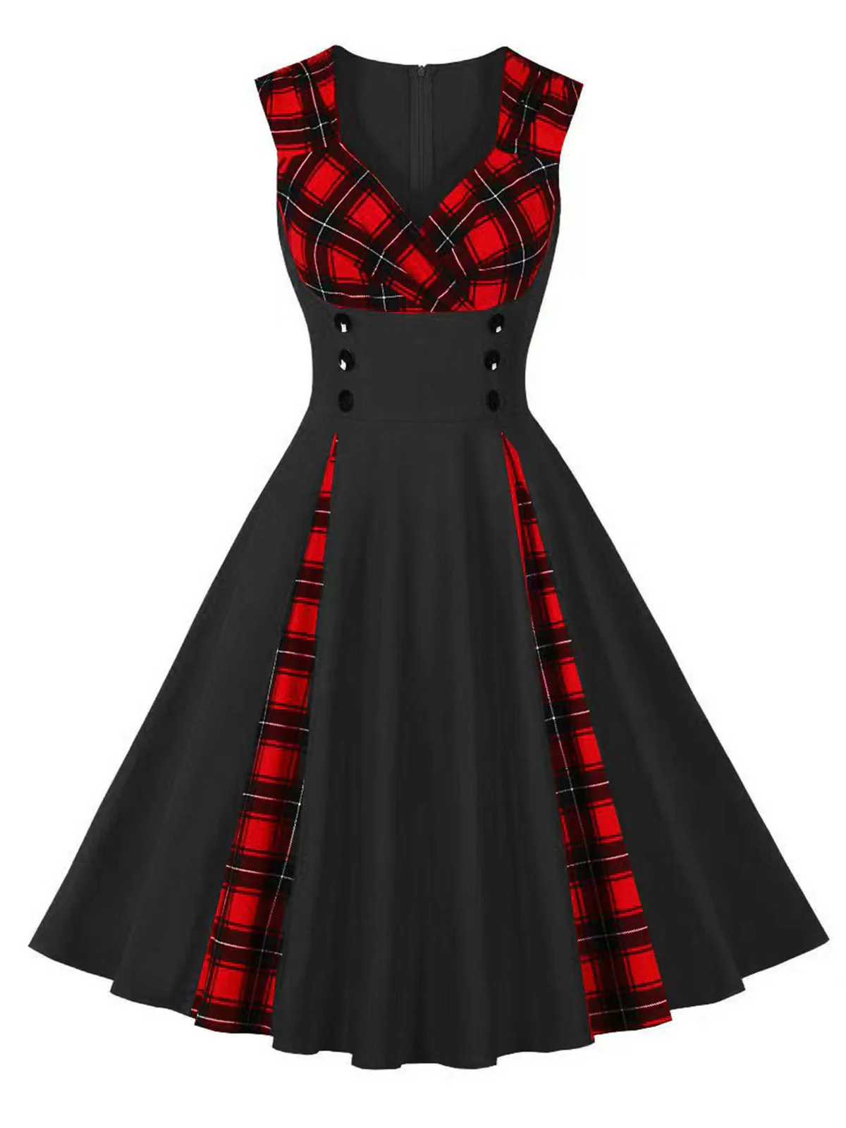 Red & Black 1950s Plaid V-Neck Dress - Image 3