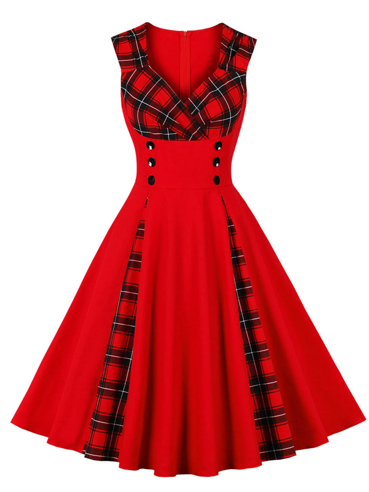 Red & Black 1950s Plaid V-Neck Dress - Image 7