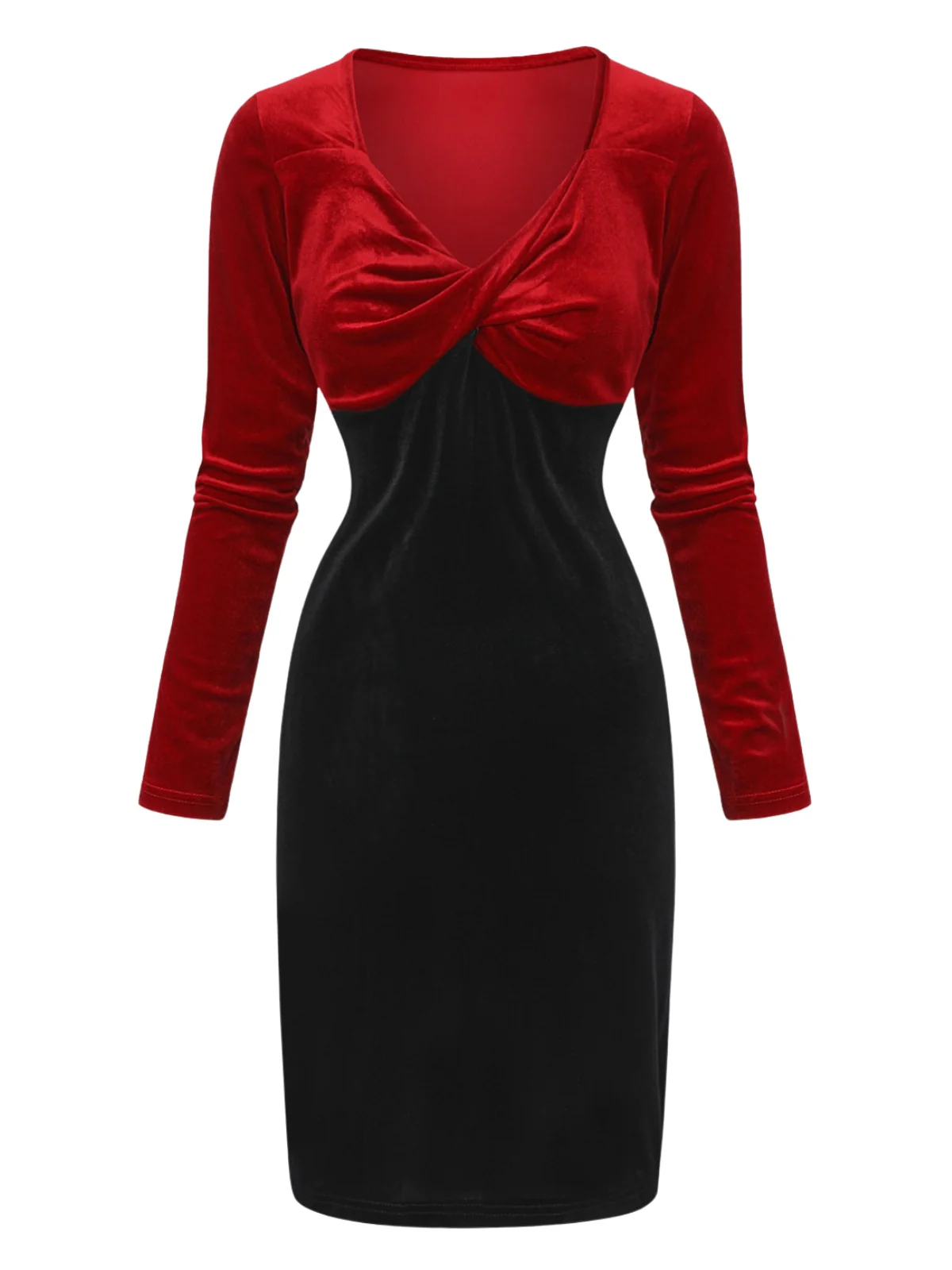 Red & Black 1960s Velvet Twisted V-Neck Bodycon Dress - Image 2