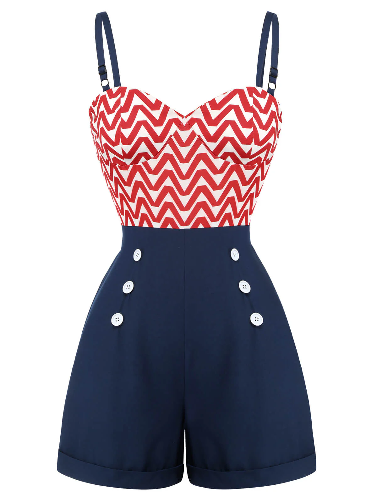 Red & Blue 1950s Chevron Stripe Strap Romper - Image 2