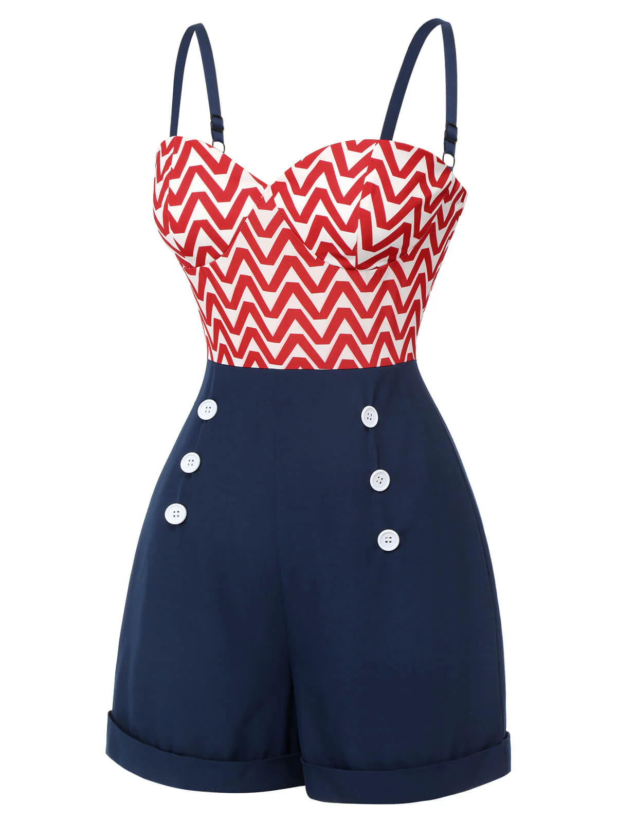 Red & Blue 1950s Chevron Stripe Strap Romper - Image 3