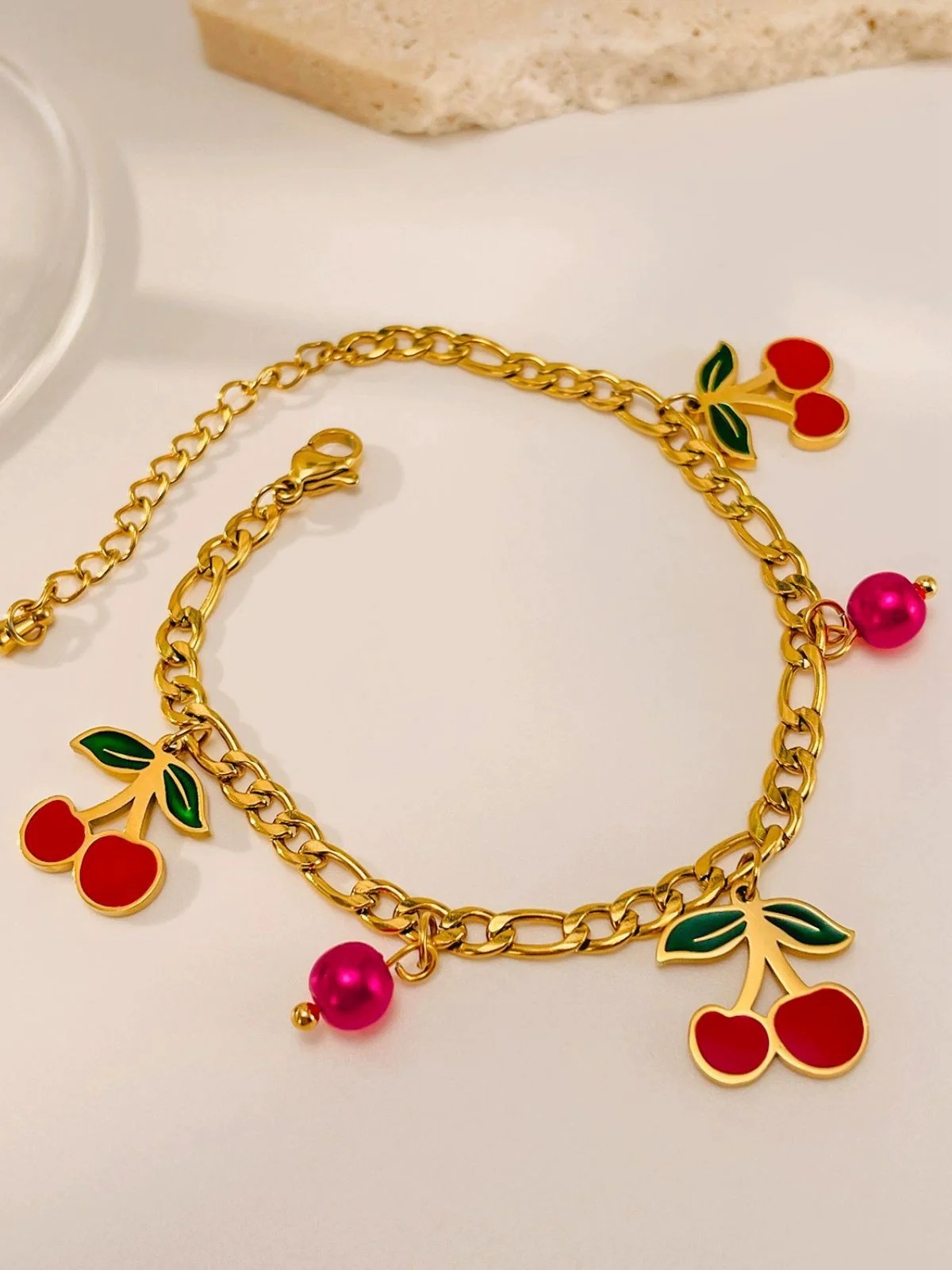 Red Cherry Gold Chain Bracelet - Image 2