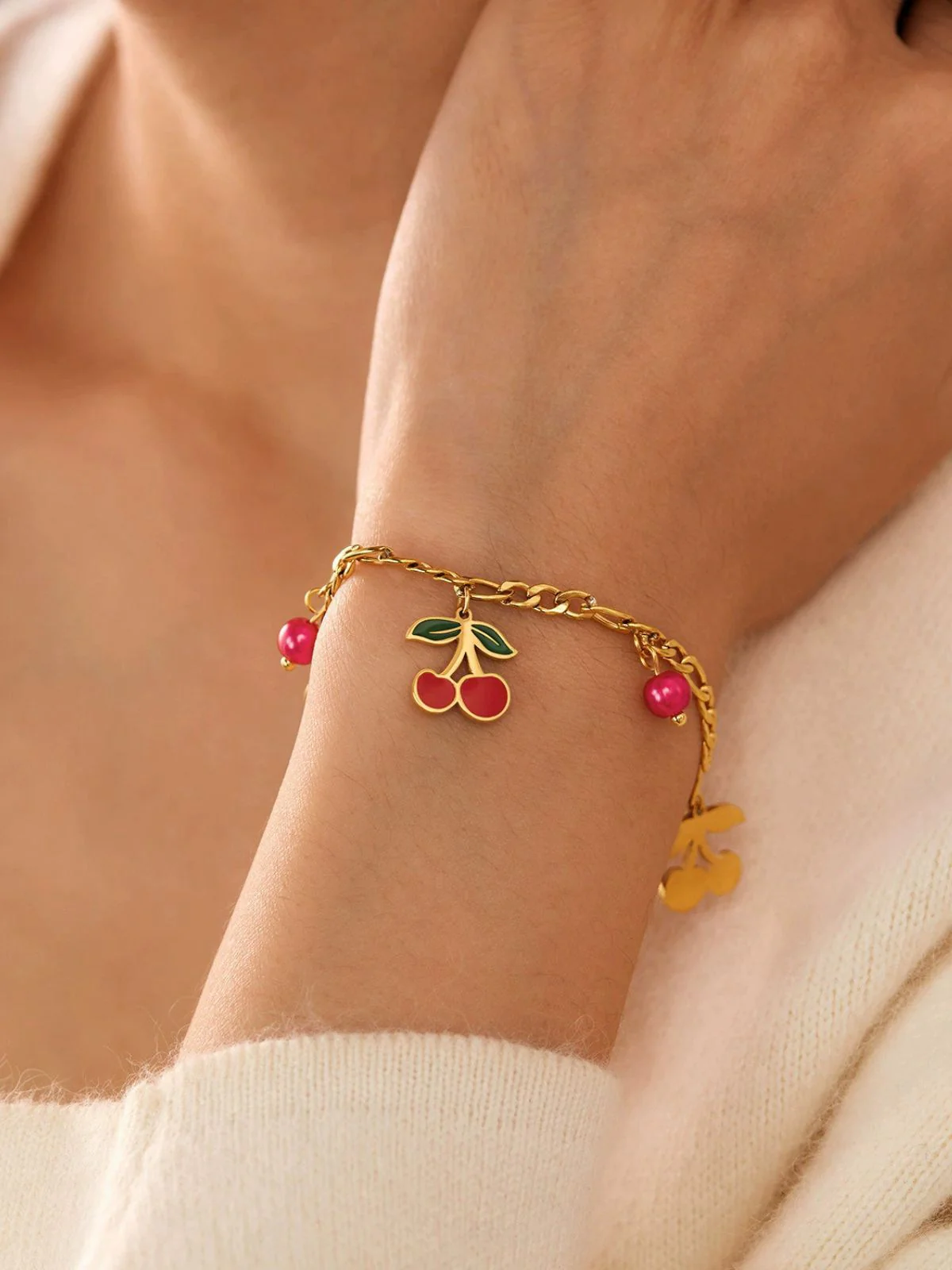 Red Cherry Gold Chain Bracelet - Image 3