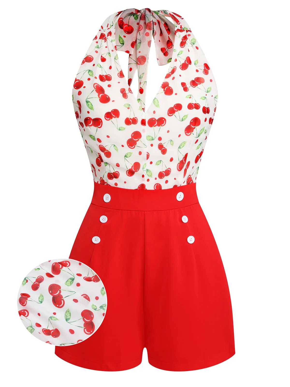 Red Cherry V-Neck Halter Lace-Up Romper - Image 4