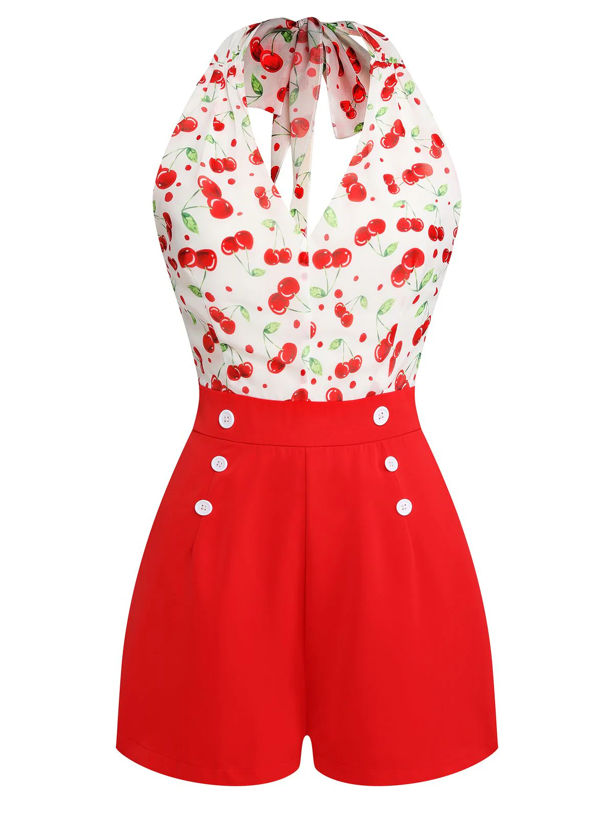 Red Cherry V-Neck Halter Lace-Up Romper - Image 5