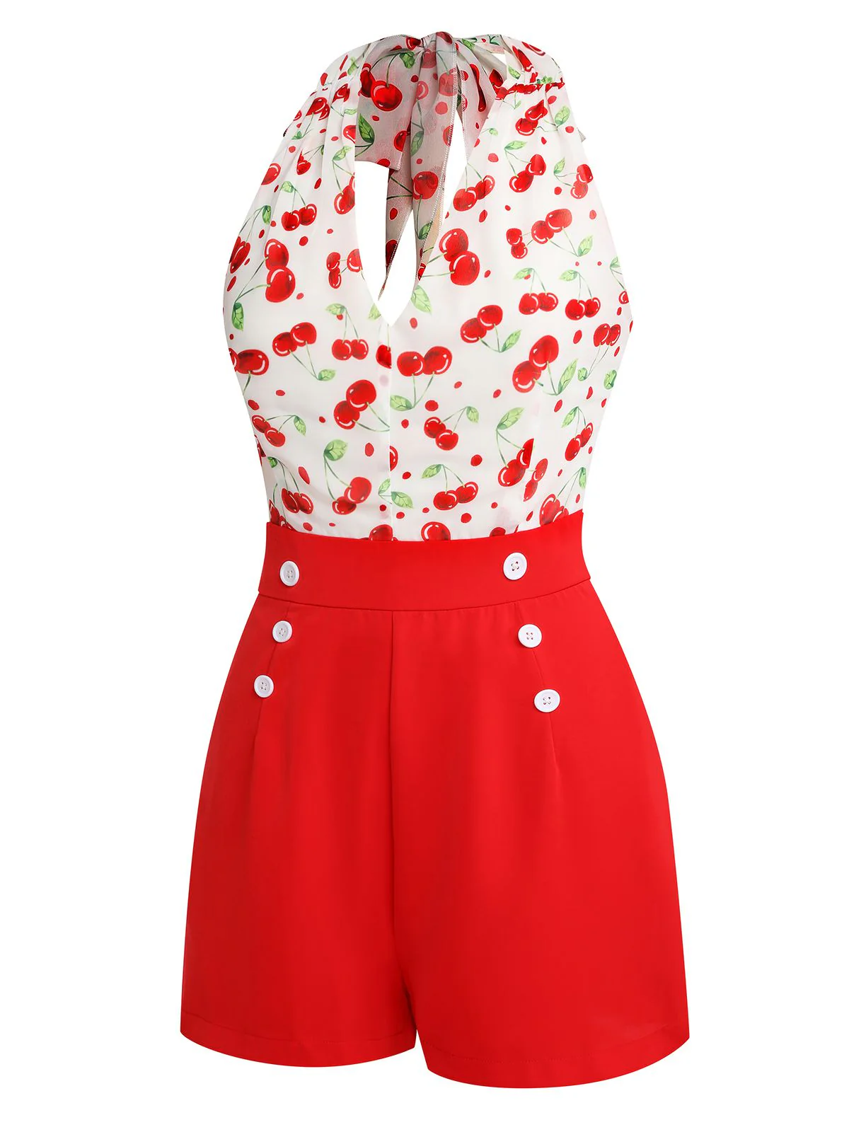 Red Cherry V-Neck Halter Lace-Up Romper - Image 5