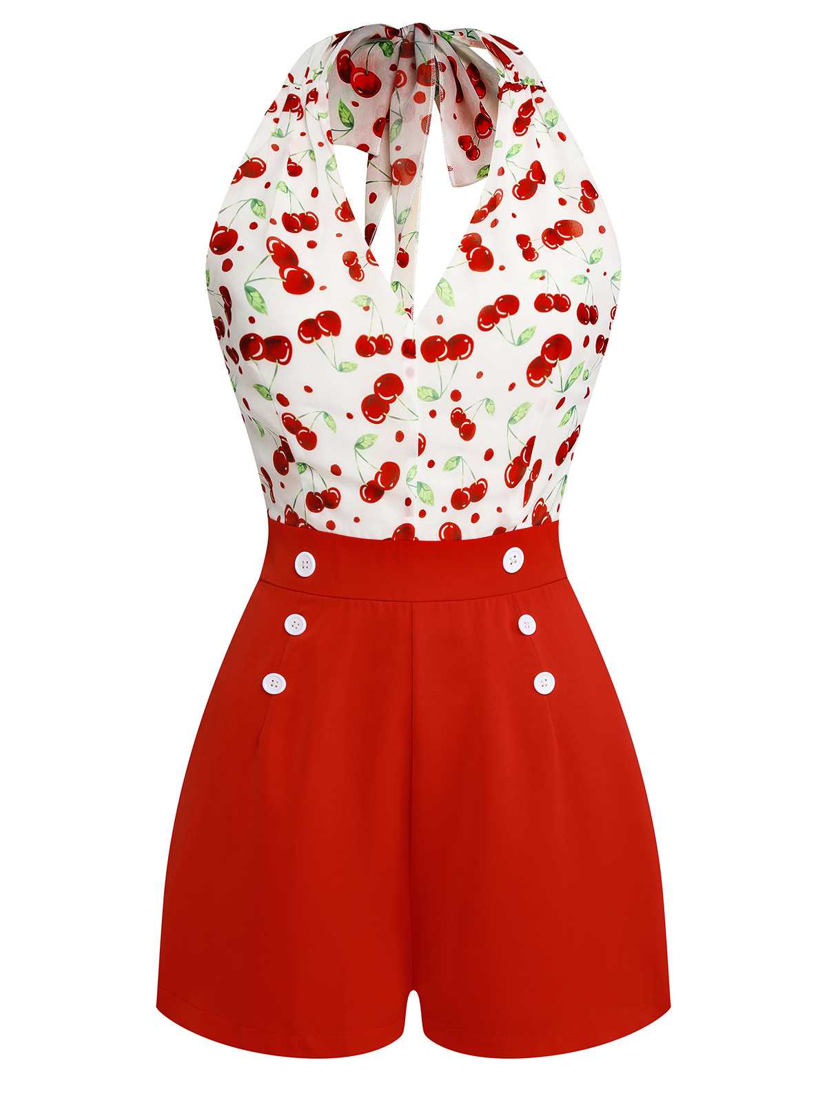 Red 1950s Cherry V-Neck Halter Lace-Up Romper - Image 2