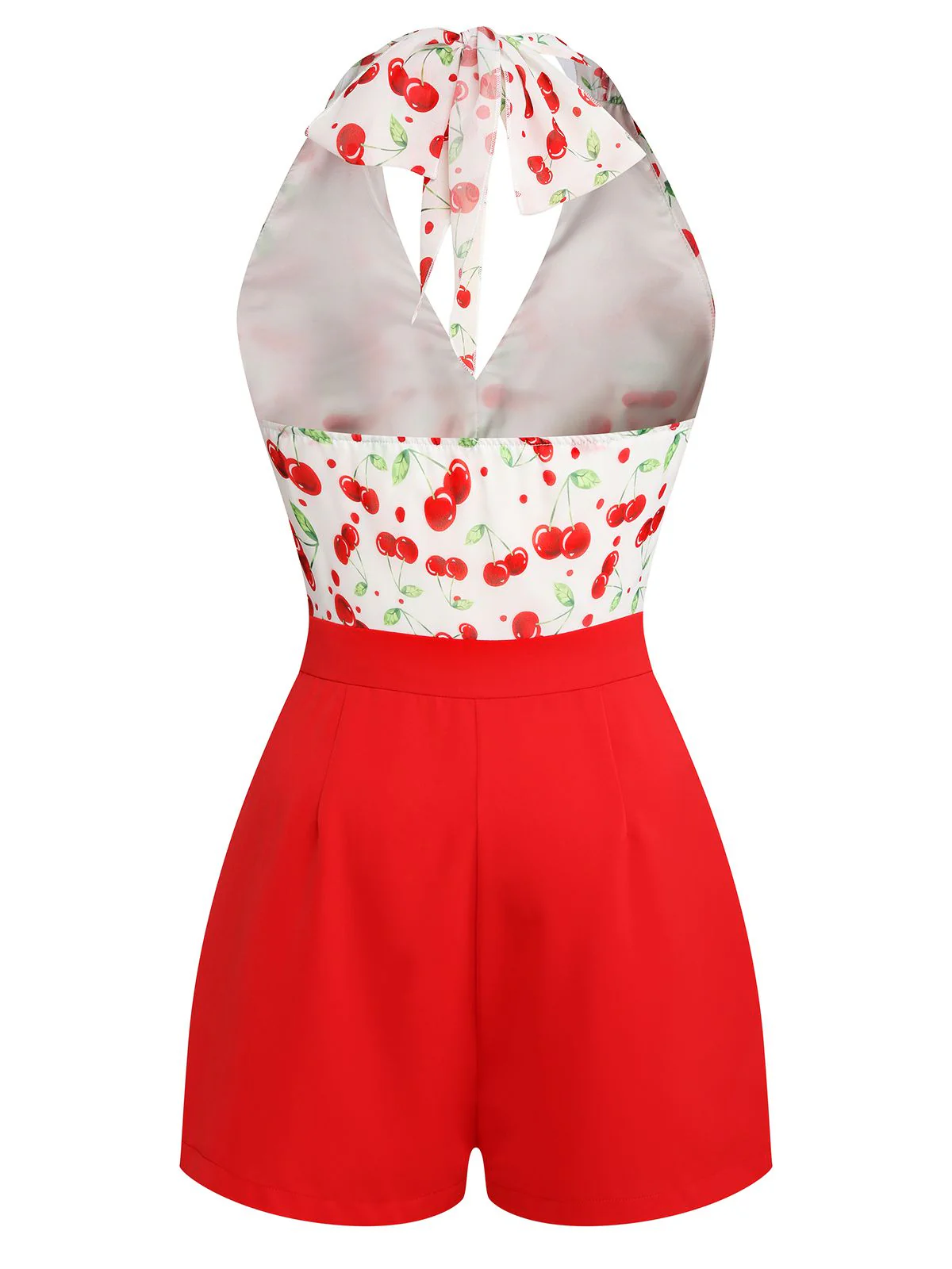 Red Cherry V-Neck Halter Lace-Up Romper - Image 5