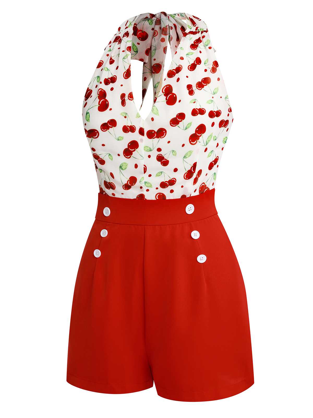 Red 1950s Cherry V-Neck Halter Lace-Up Romper - Image 3