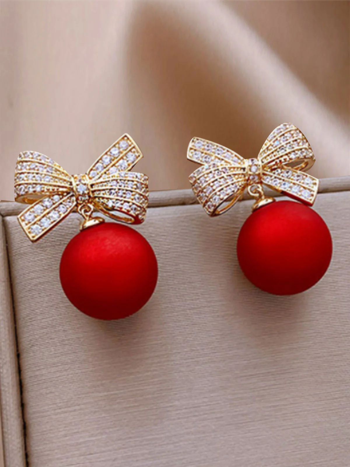 Red Christmas Bow Diamond Earrings - Image 2