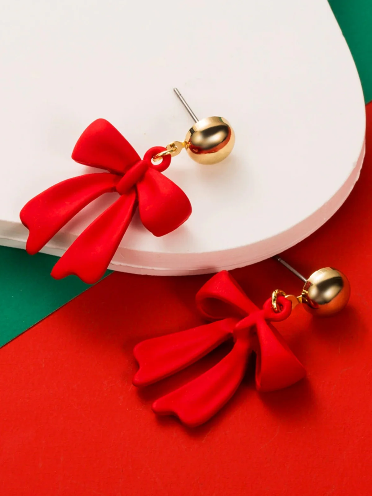 Red Christmas Bow Drop Earrings - Image 2