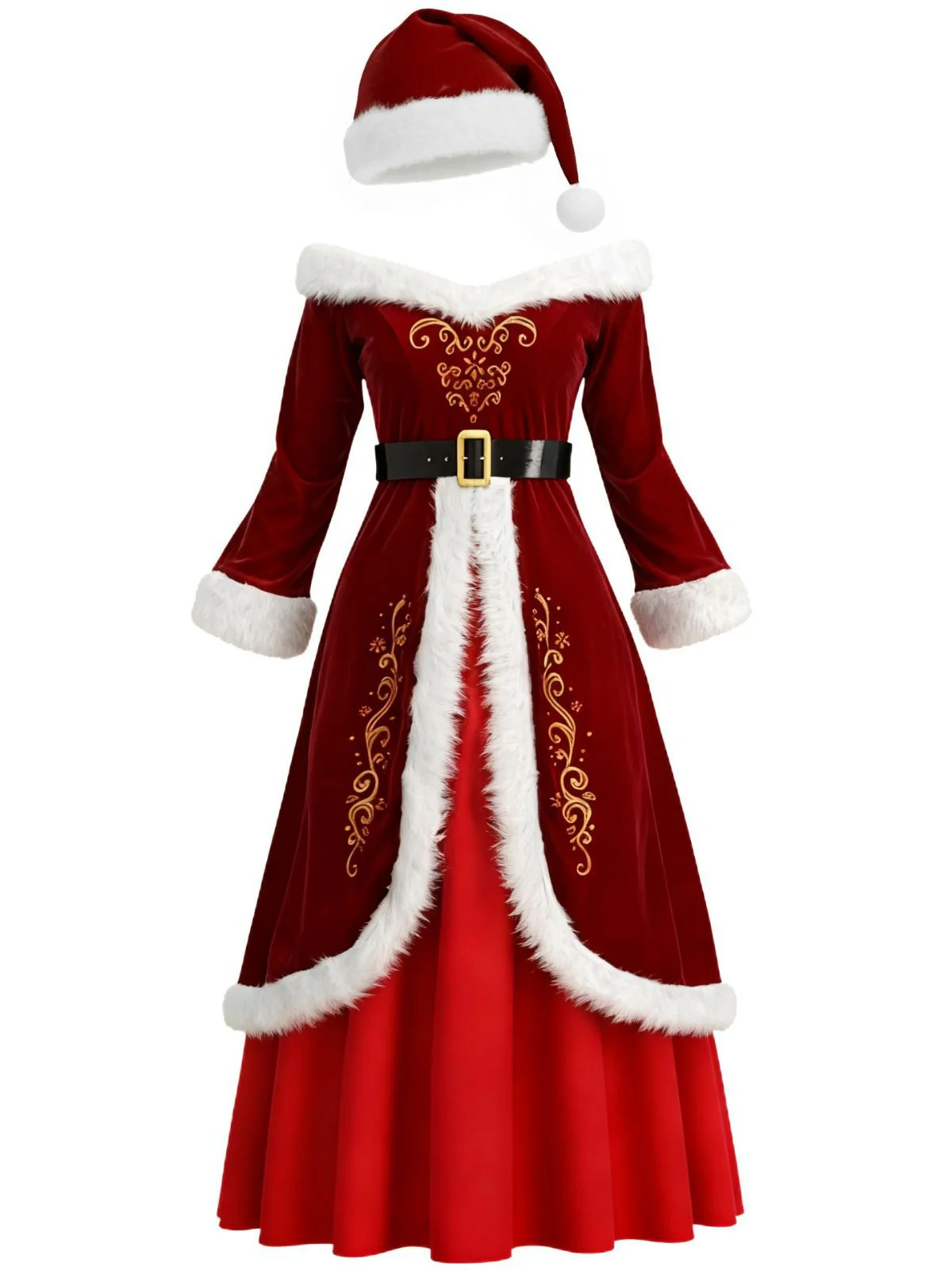 Red 1930s Christmas Velvet Faux Fur Trim Dress - Image 2