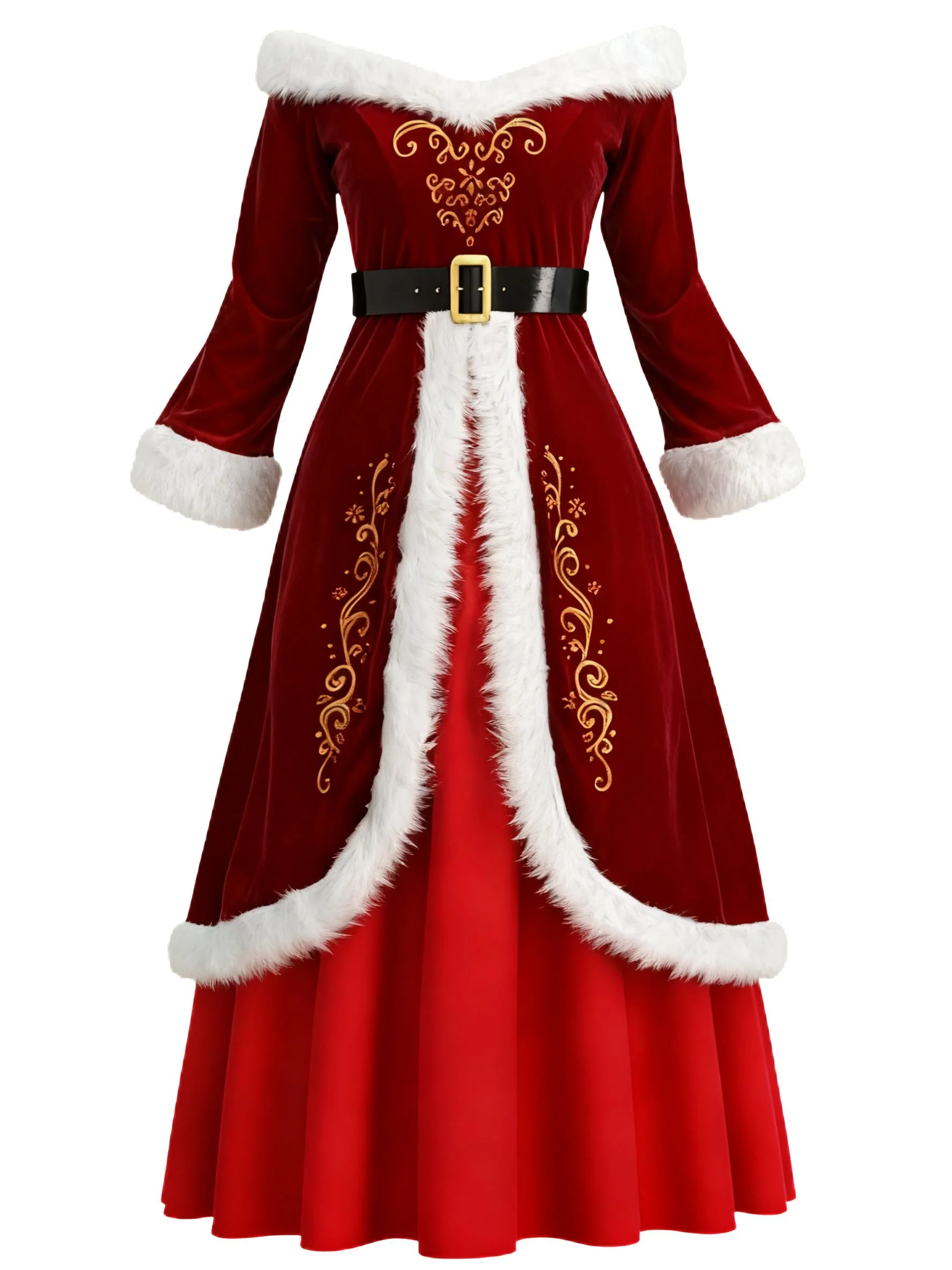 Red 1930s Christmas Velvet Faux Fur Trim Dress - Image 3