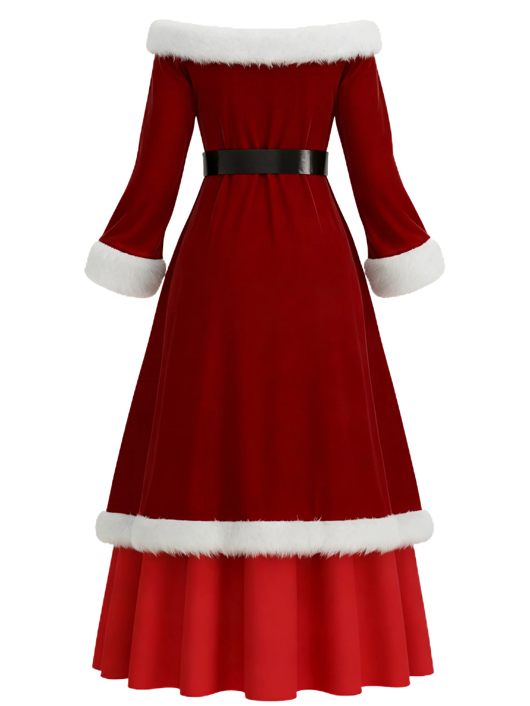 Red 1930s Christmas Velvet Faux Fur Trim Dress - Image 4