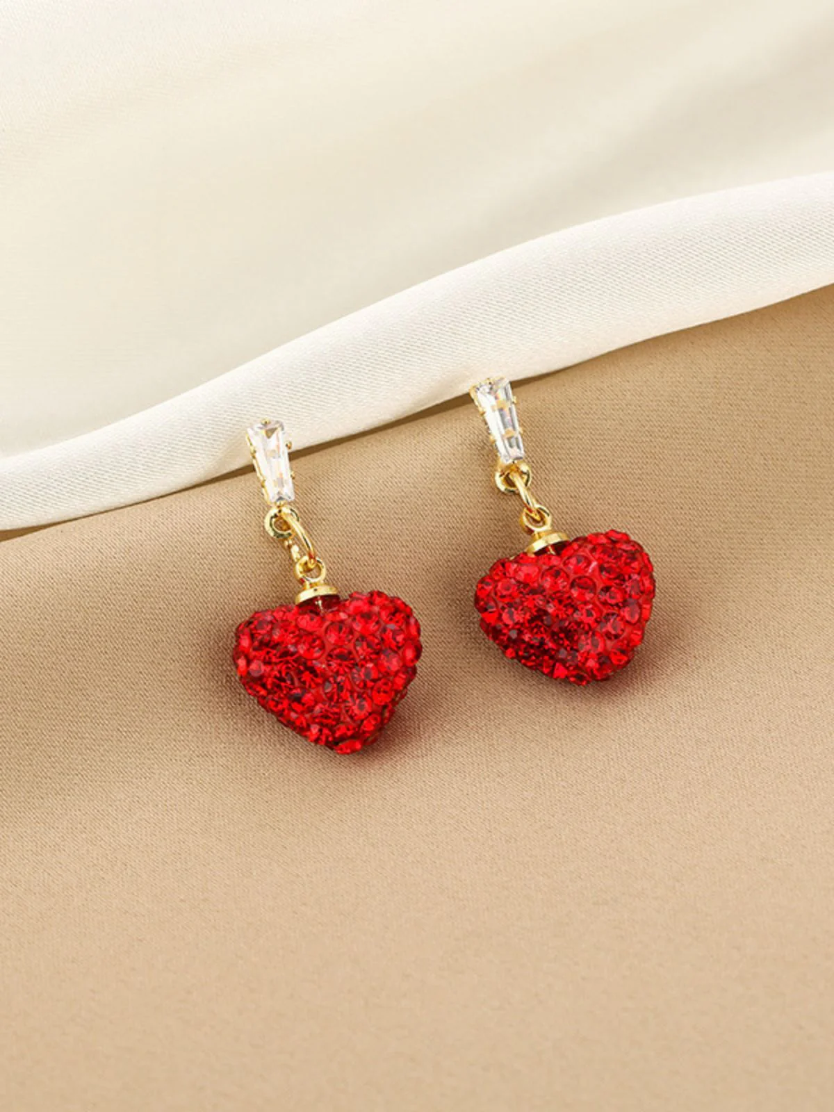 Red Crystal Heart Drop Earrings - Image 2