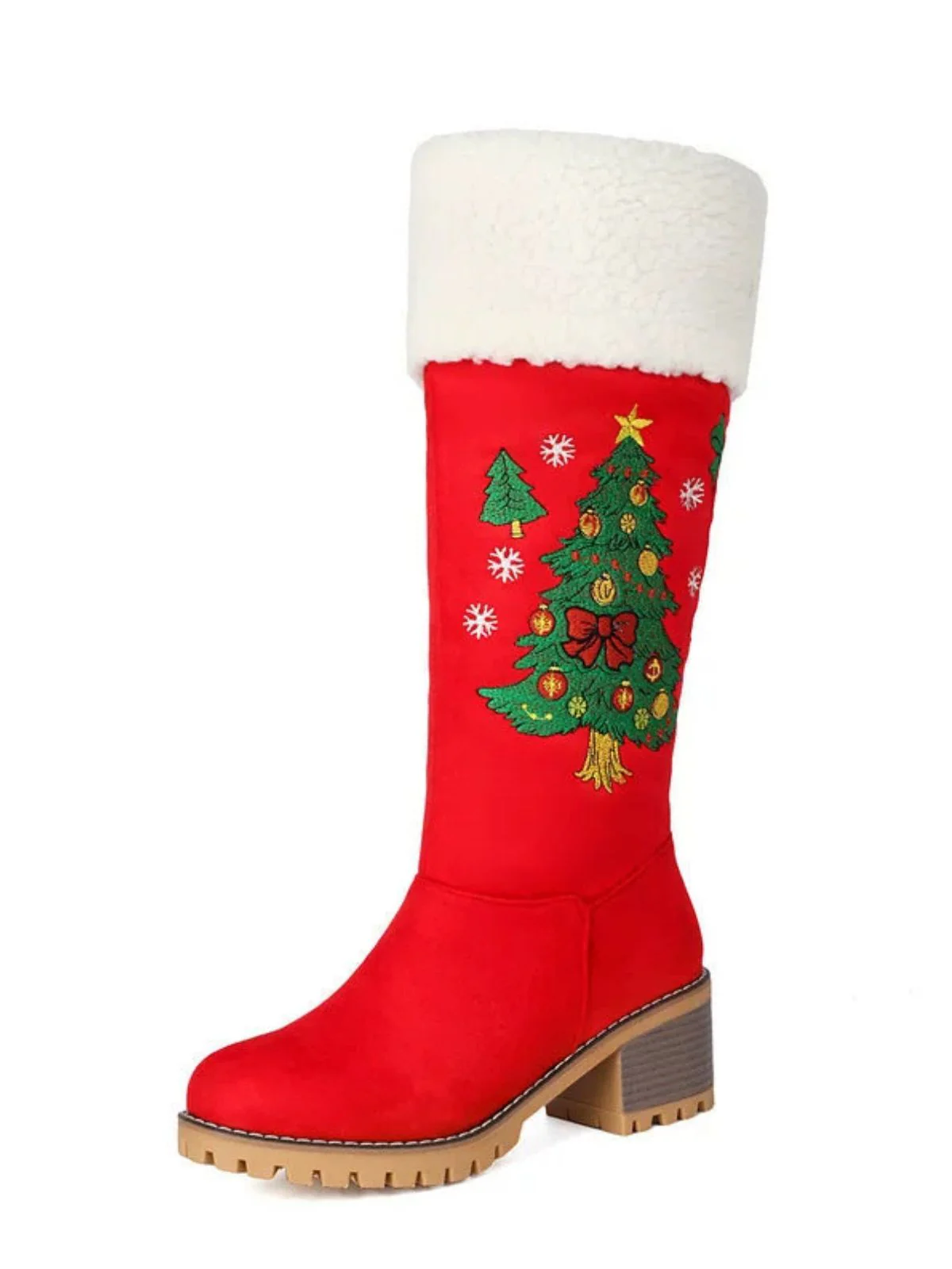 Red Embroidered Christmas Tree Fuzzy Snow Boots - Image 2