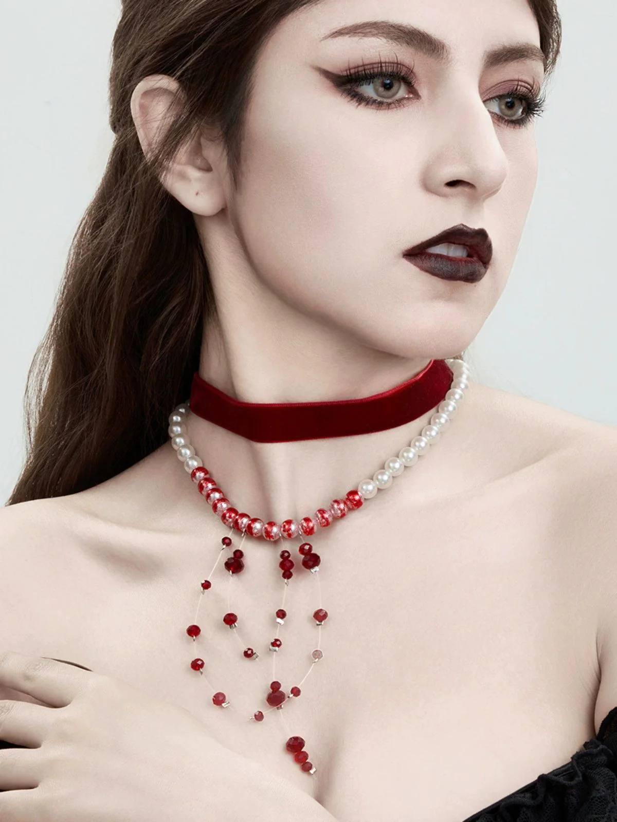 Red Gothic Vampire Velvet Choker Necklace - Image 2