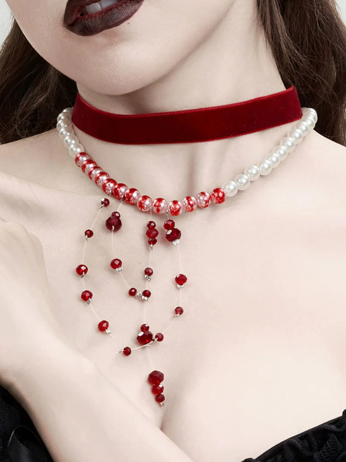 Red Gothic Vampire Velvet Choker Necklace - Image 3