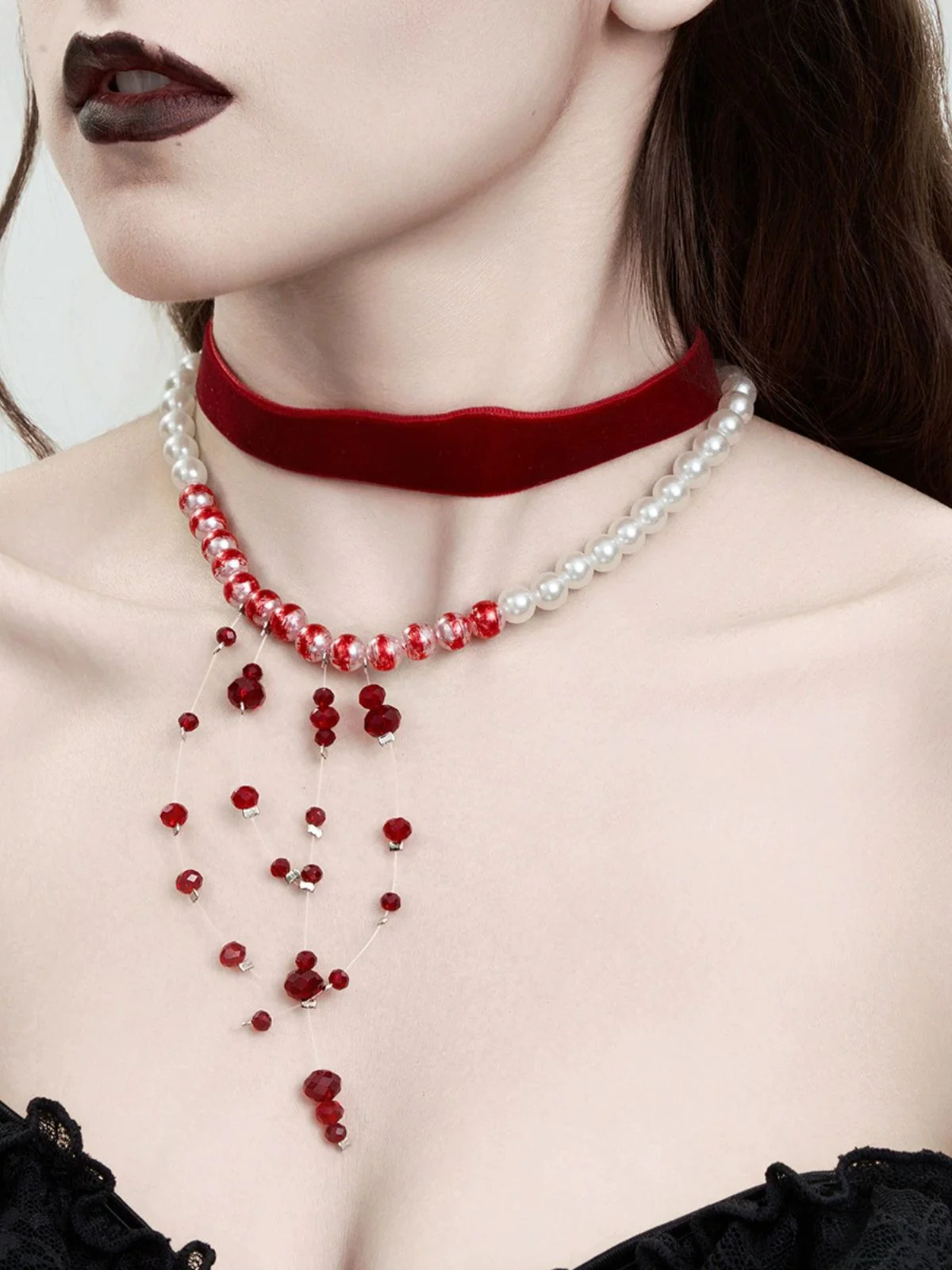 Red Gothic Vampire Velvet Choker Necklace - Image 4