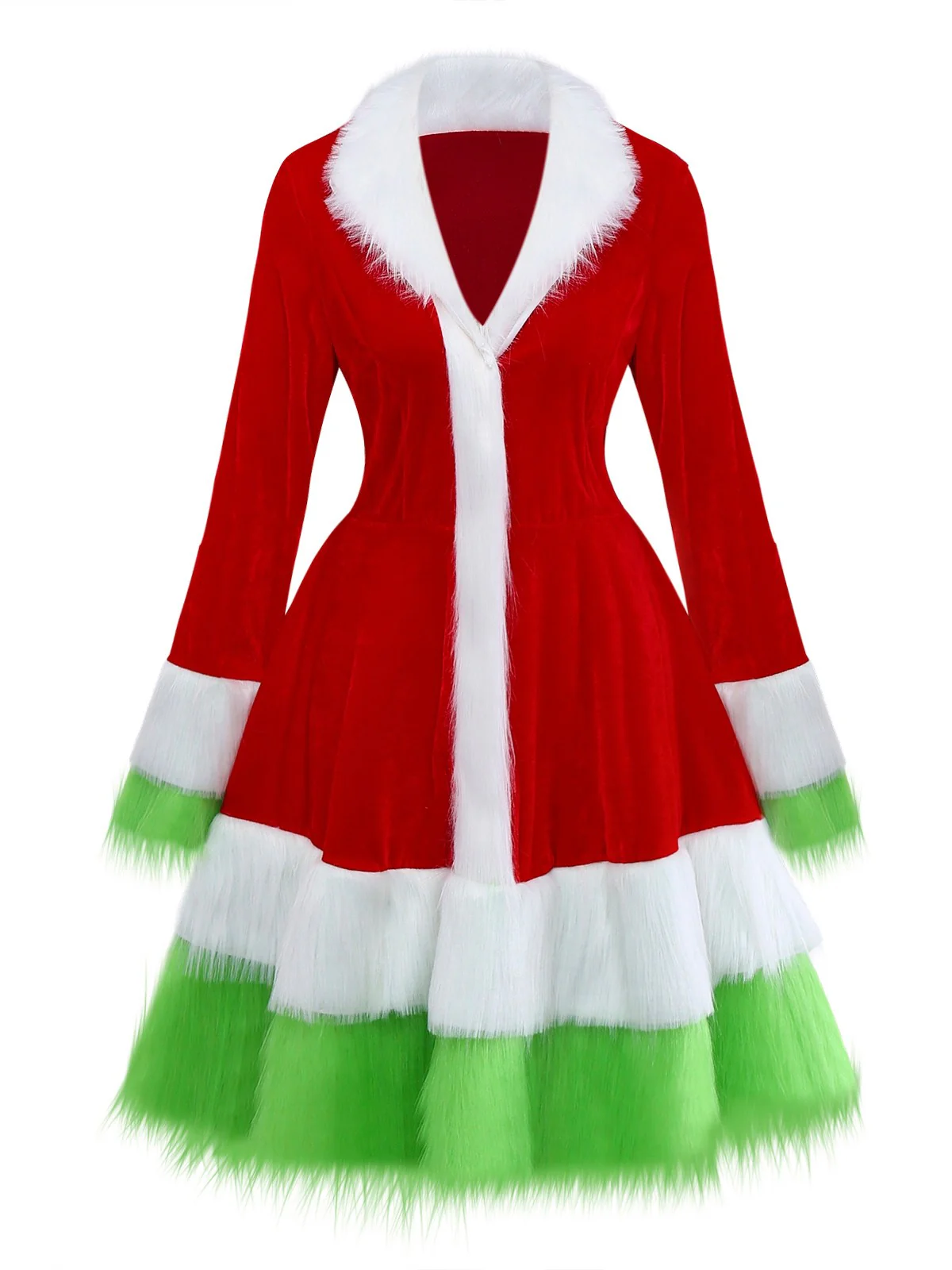 Red & Green 1940s Christmas Grinch Fur Trimmed Dress - Image 2