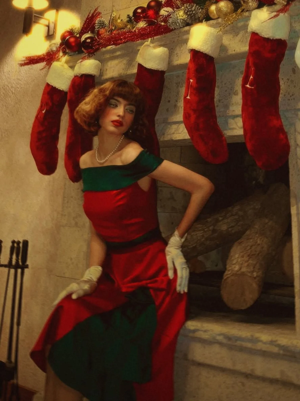 Red & Green 1950s Chrismtas Tree Off-Shoulder Dress - Image 3