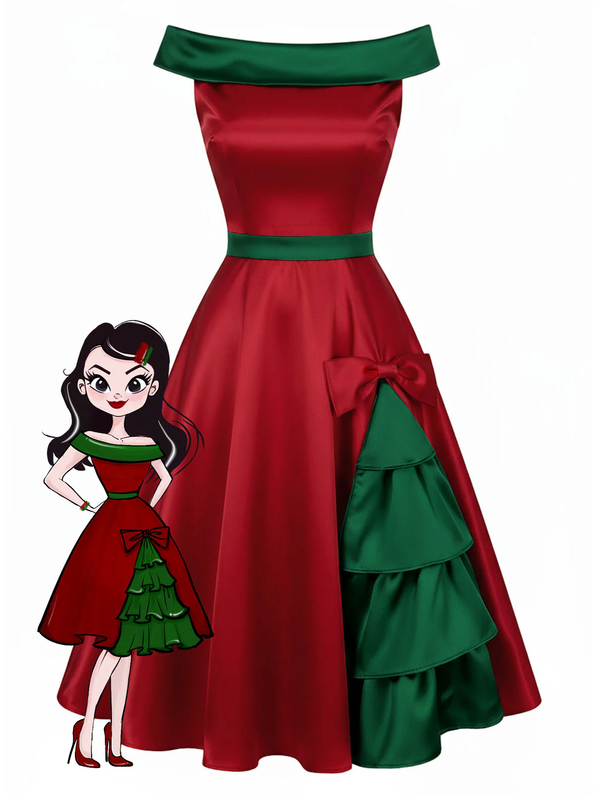 Red & Green 1950s Chrismtas Tree Off-Shoulder Dress - Image 4