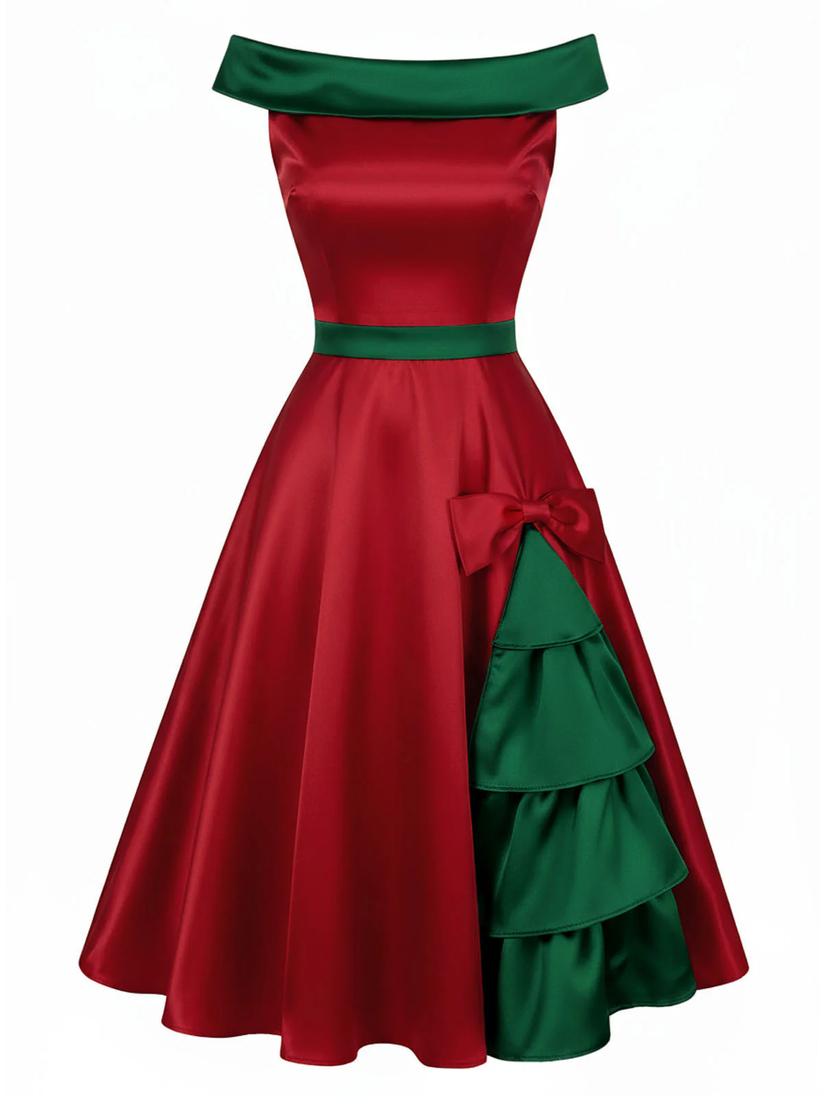 Red & Green 1950s Chrismtas Tree Off-Shoulder Dress - Image 5