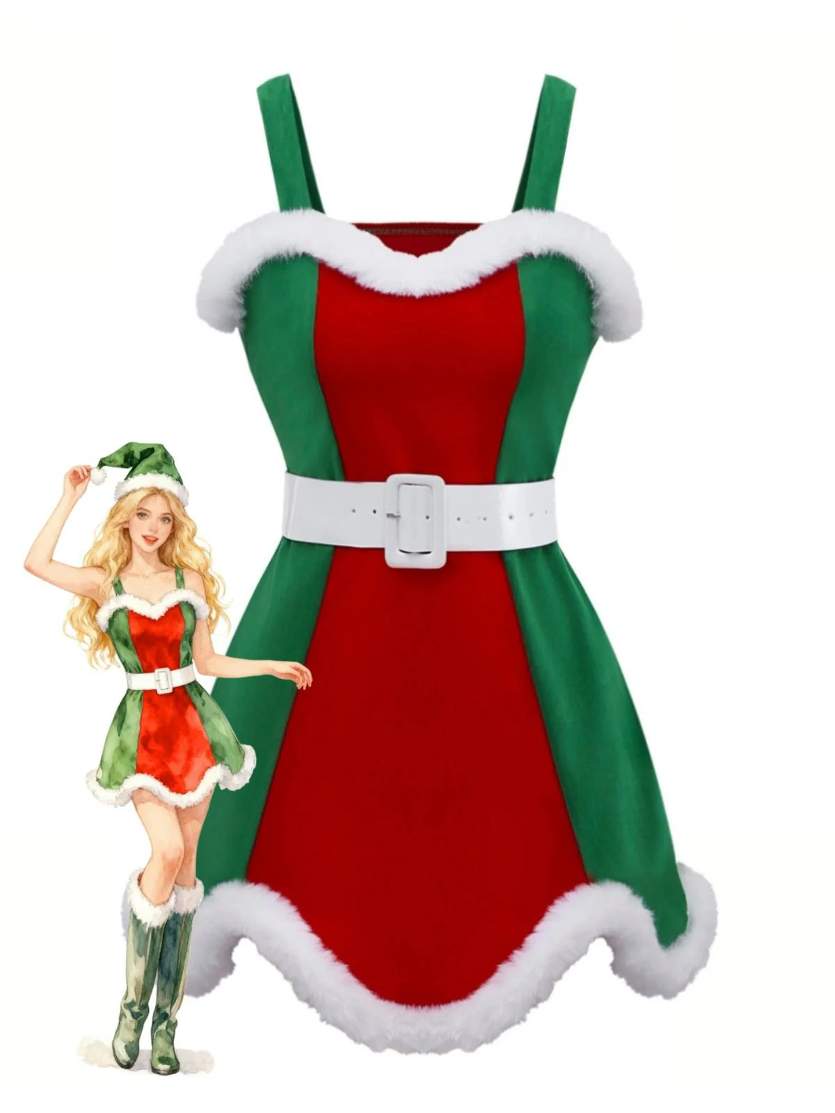 Red & Green 1960s Christmas Plush Trim Dress Set - Image 2