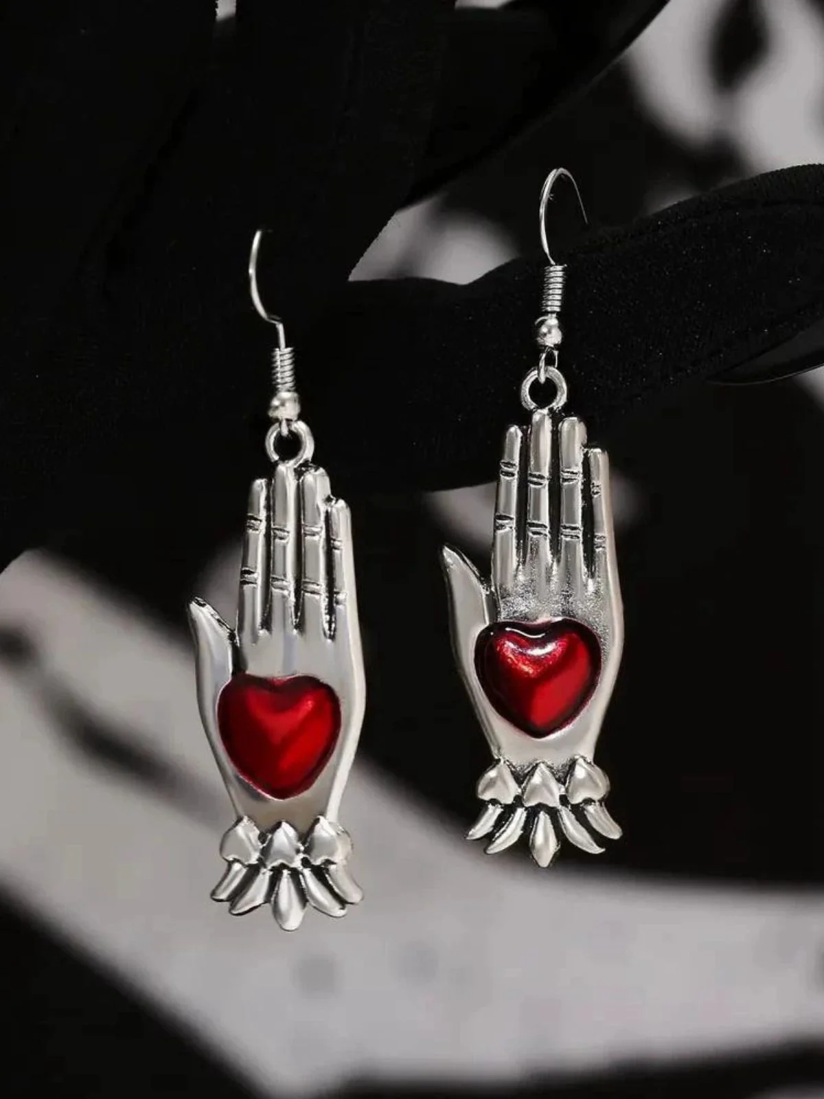 Red & Silver Vintage Gothic Heart Glove Earrings - Image 2