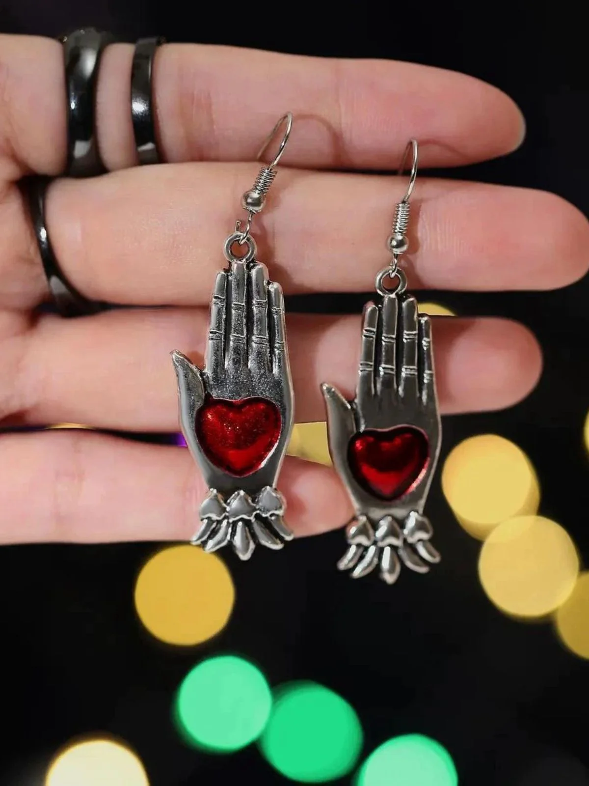 Red & Silver Vintage Gothic Heart Glove Earrings - Image 3