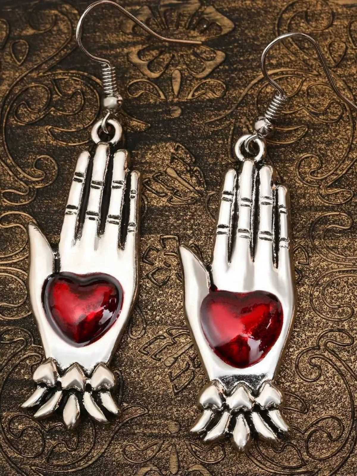 Red & Silver Vintage Gothic Heart Glove Earrings - Image 4