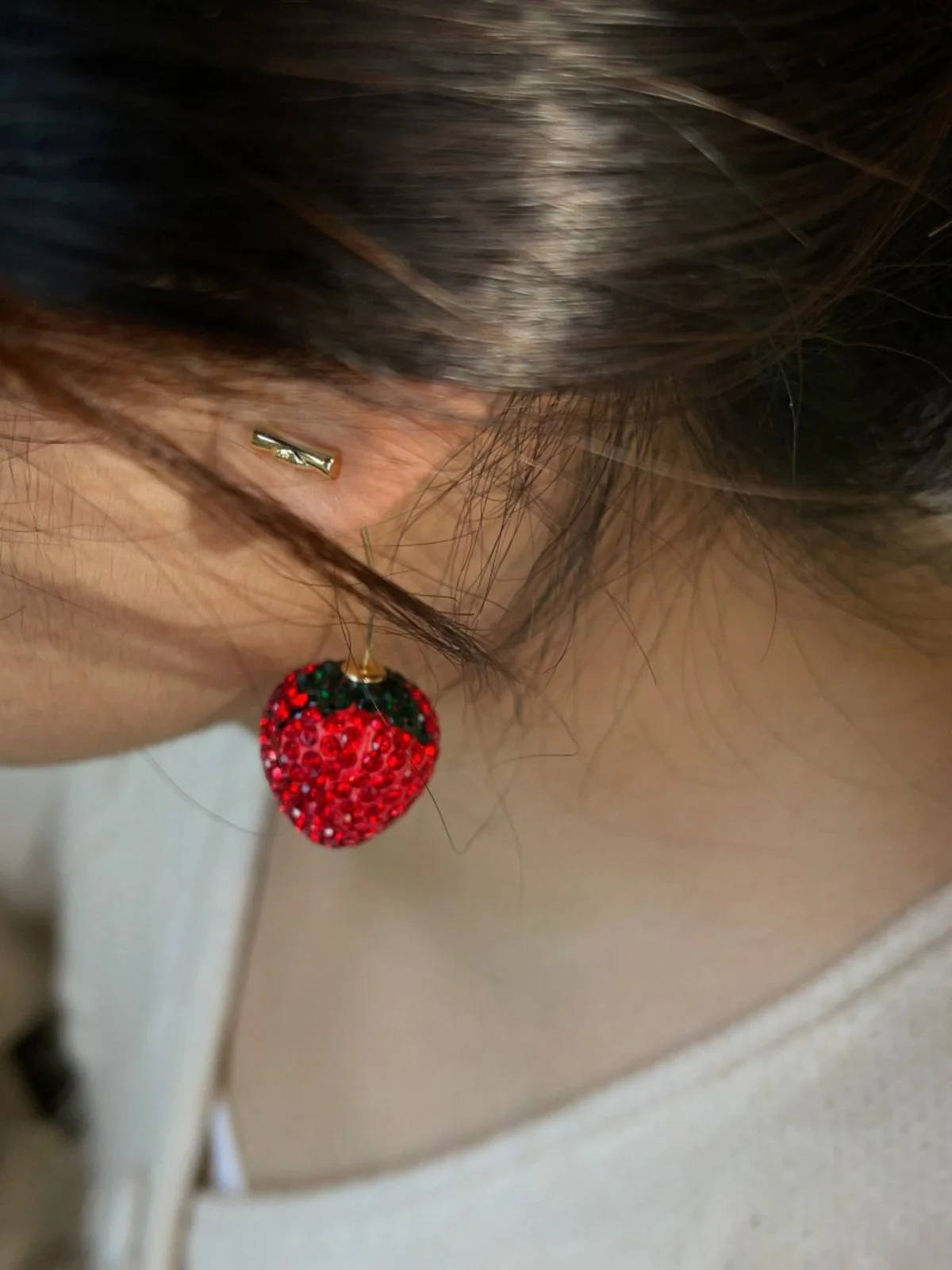 Red Sparkling Rhinestone Strawberry Drop Earrings - Image 2