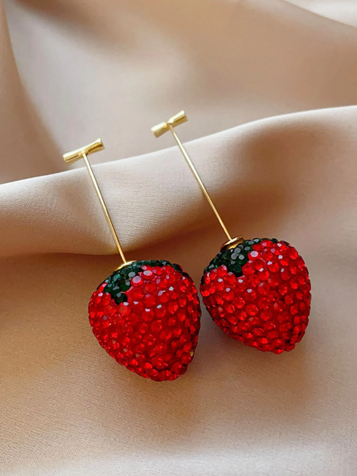 Red Sparkling Rhinestone Strawberry Drop Earrings - Image 3