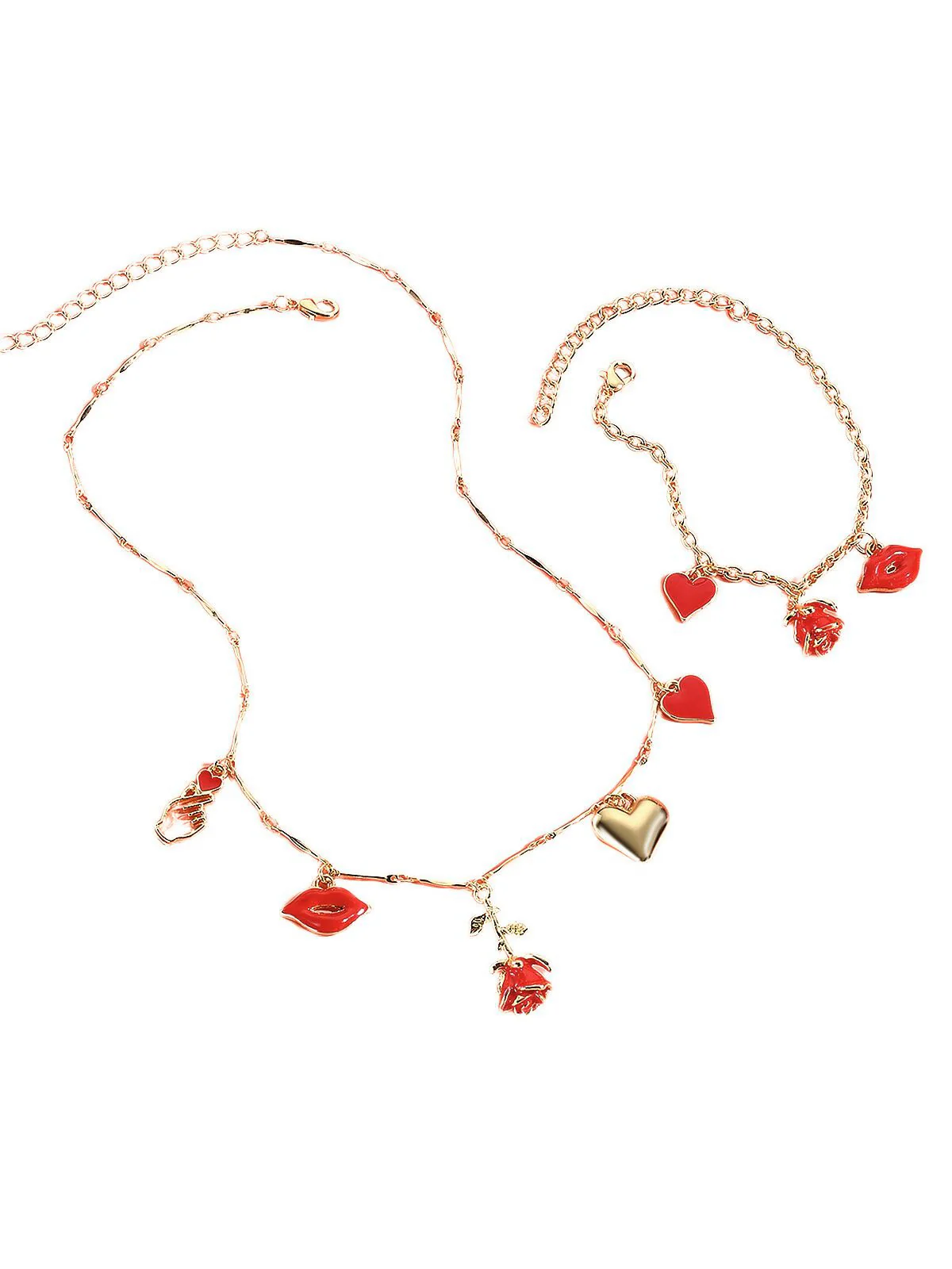 Red Valentine's Rose Heart Lips Necklace & Bracelet Set - Image 2