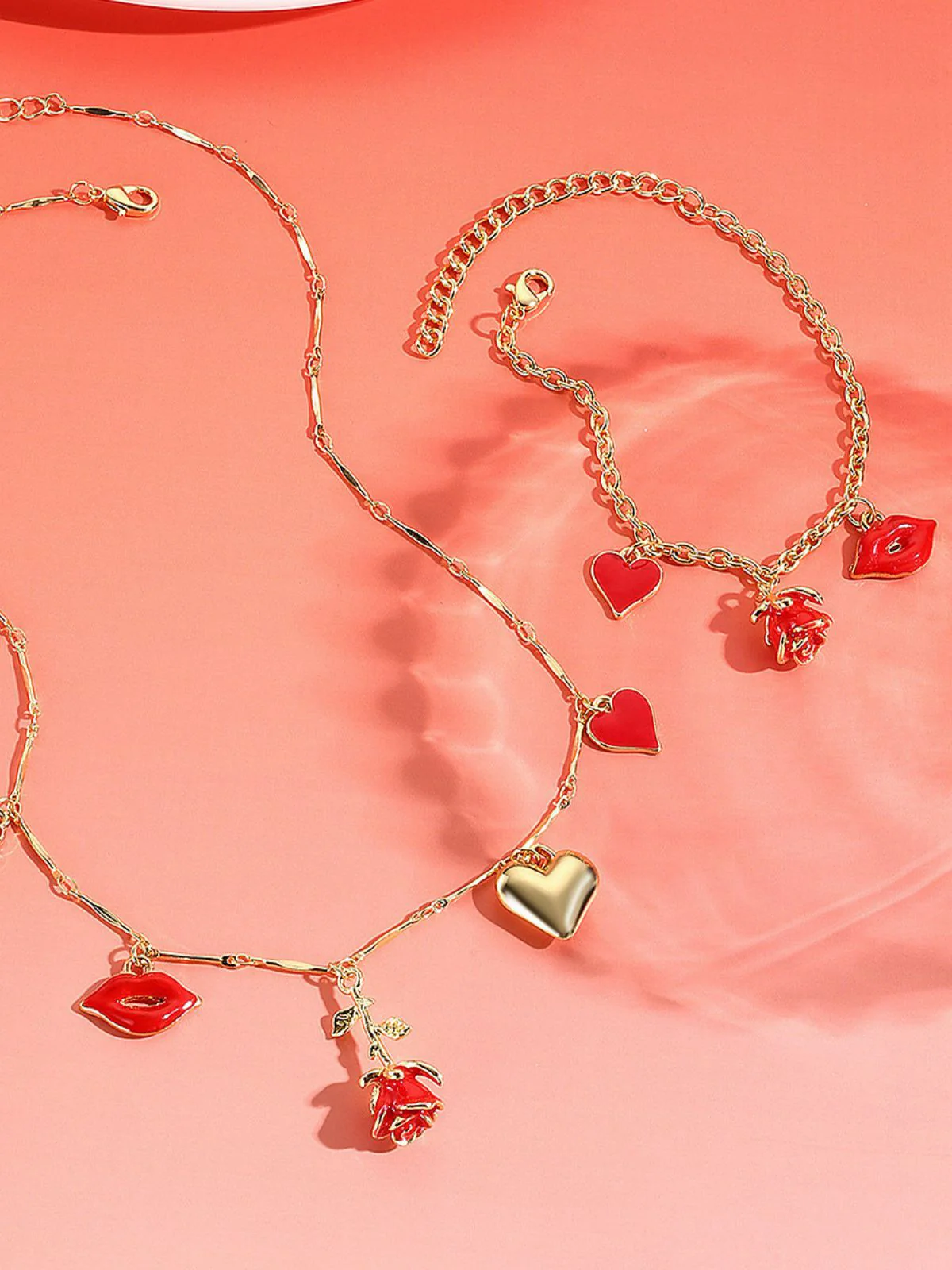 Red Valentine's Rose Heart Lips Necklace & Bracelet Set - Image 3