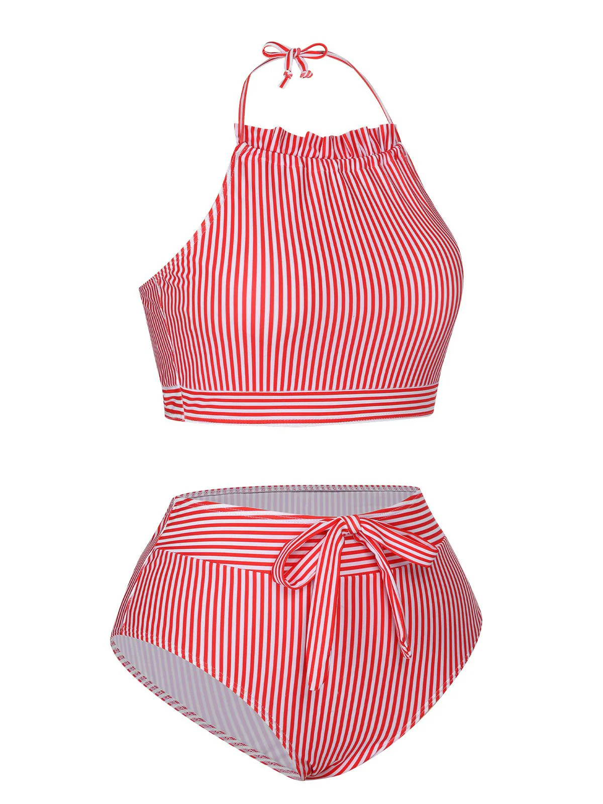 Red & White 1930s Striped Knot Halter Swimsuit - Image 2