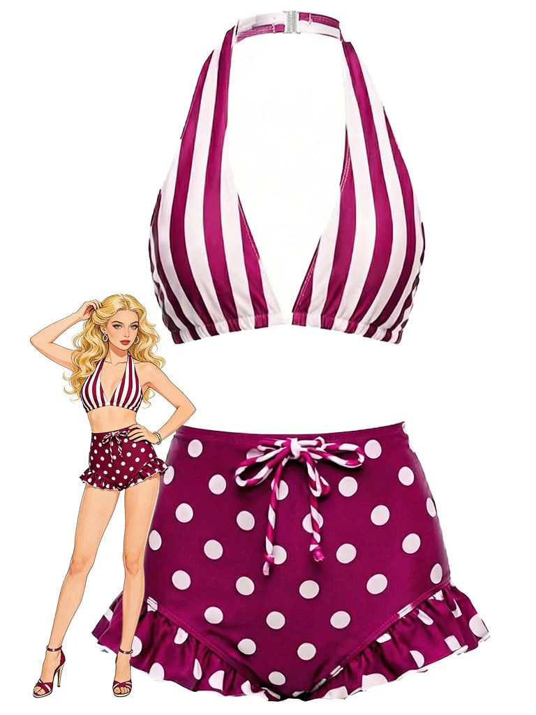 Red & White 1940s Striped Halter Polka Dot Ruffled Swimsuit - Image 2