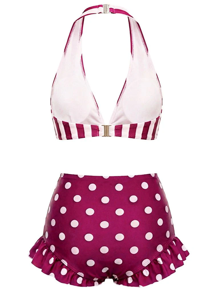 Red & White 1940s Striped Halter Polka Dot Ruffled Swimsuit - Image 3