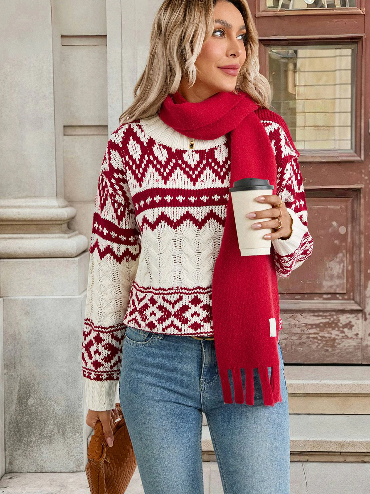 Red & White 1950s Christmas Fair Isle Knit Sweater - Image 2