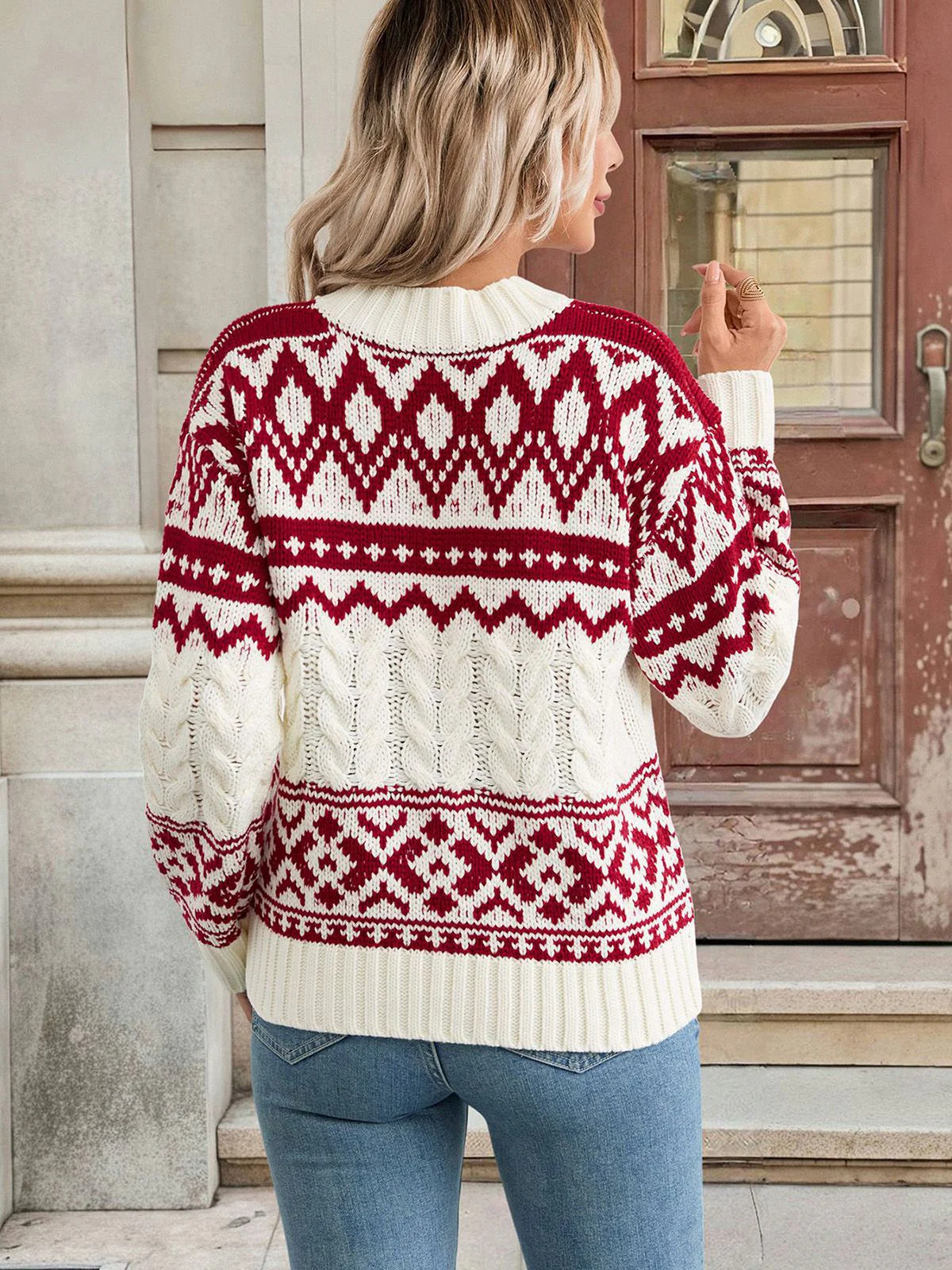 Red & White 1950s Christmas Fair Isle Knit Sweater - Image 3