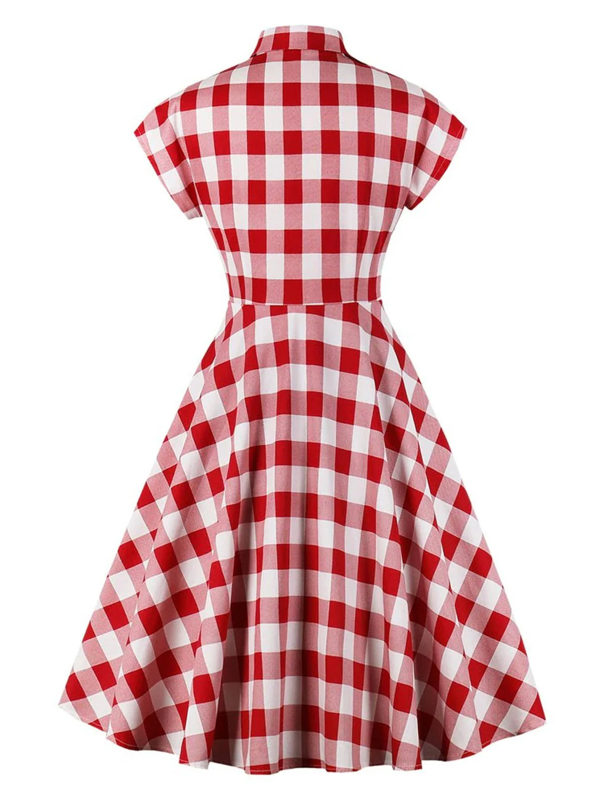 Red White 1950s Pockets Plaid Dress - Image 2