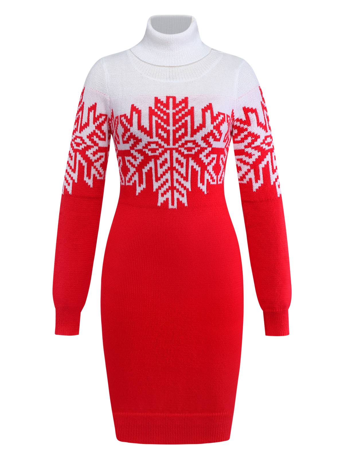 Red & White 1960s Snowflake Turtleneck Sweater Dress - Image 2