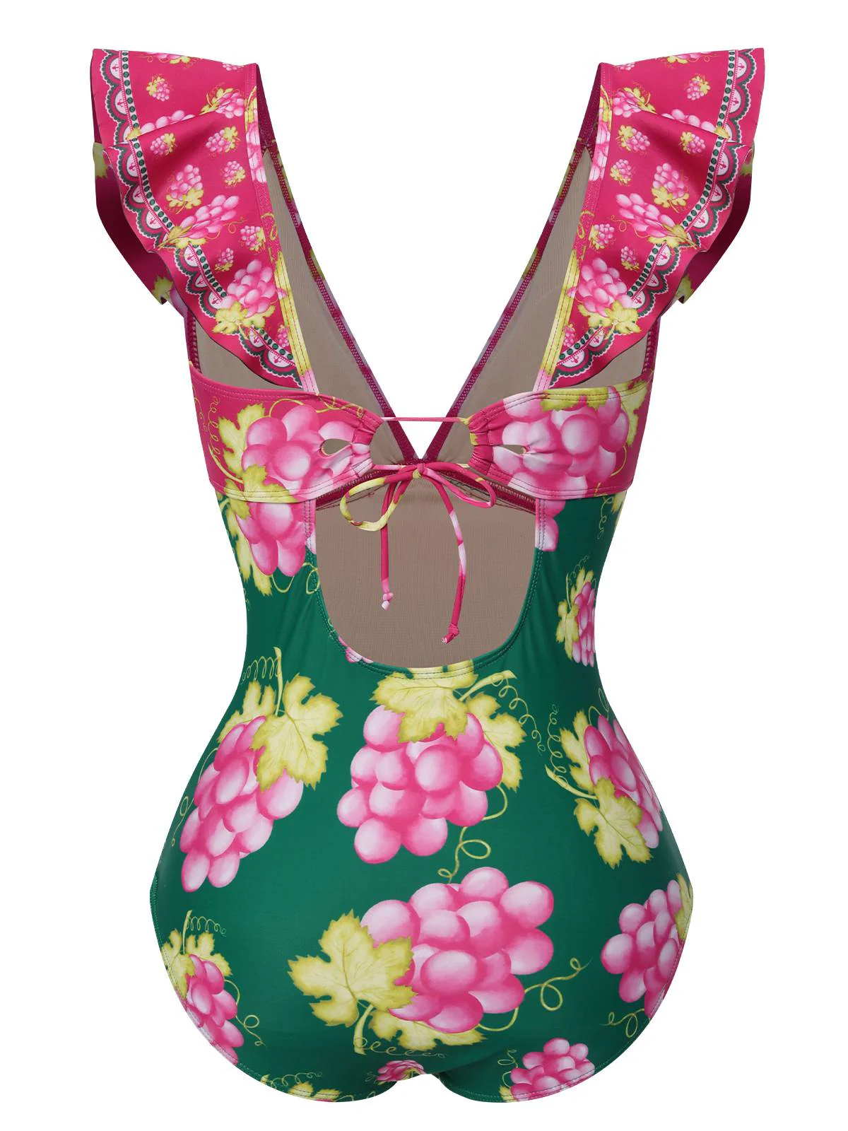 Retro 1950s Grape V-Neck Ruffle Sleeves Swimsuit - Image 2