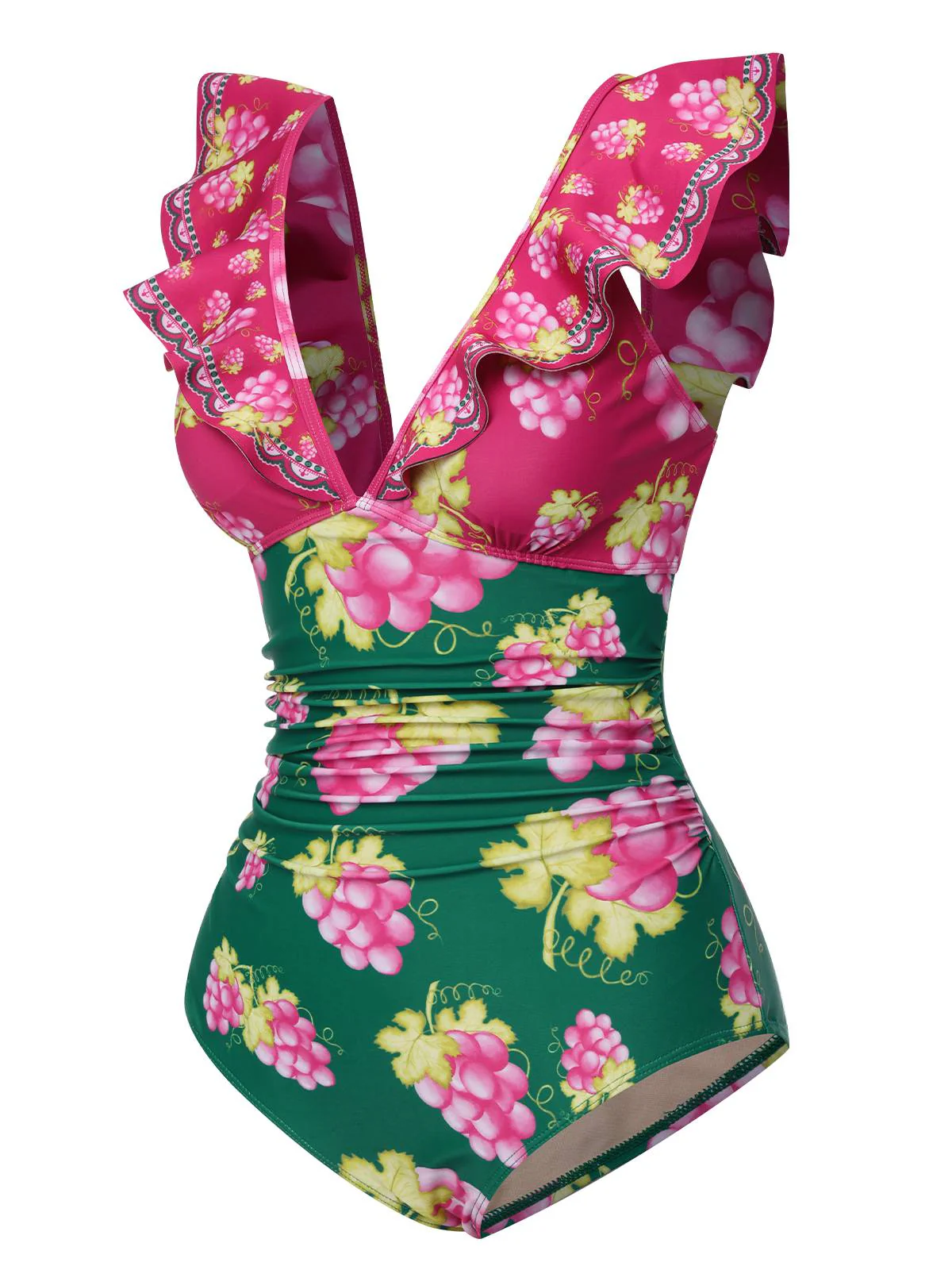 Retro 1950s Grape V-Neck Ruffle Sleeves Swimsuit - Image 3
