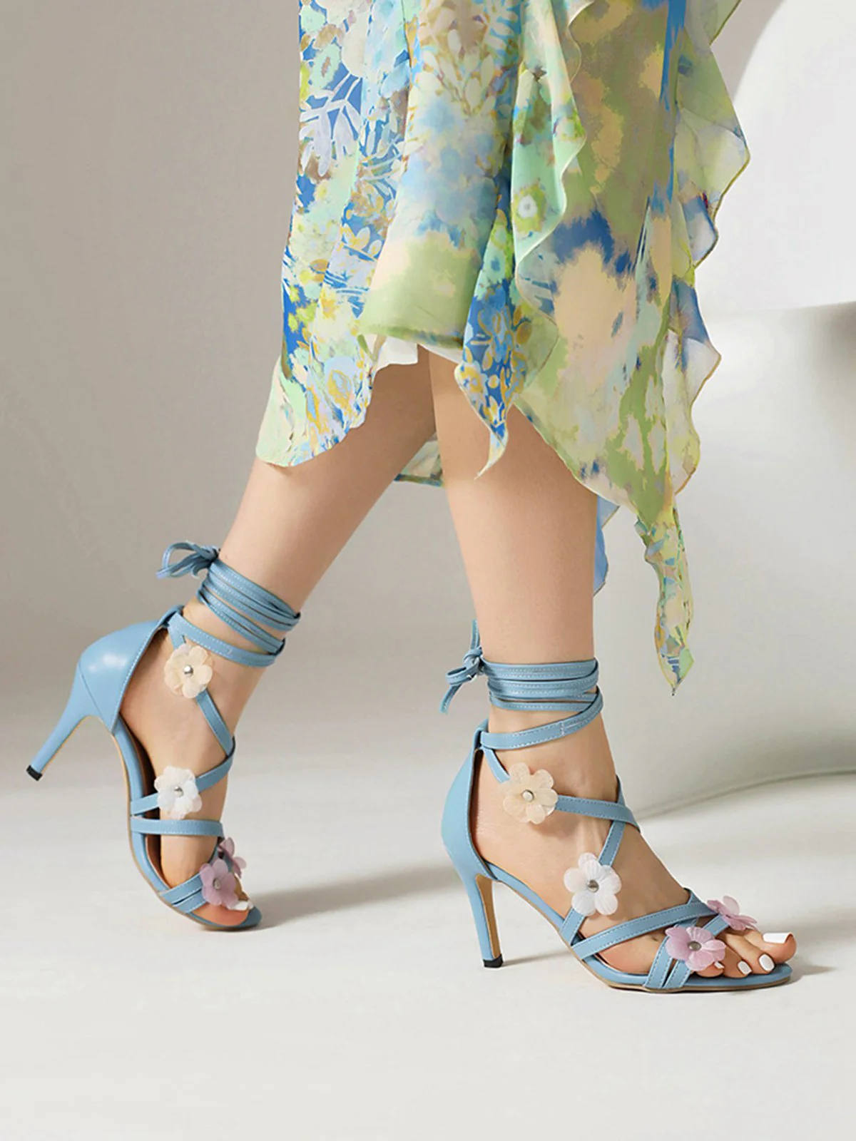 Retro 3D Flower Stilettos Ankle Wrap Sandals - Image 7
