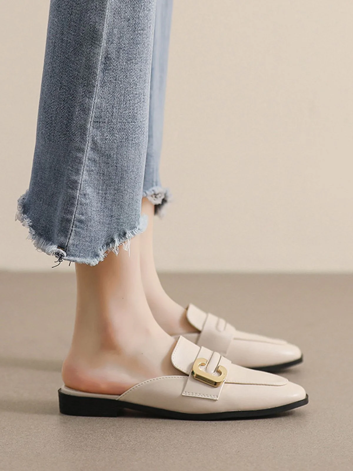 Retro Beige Leather Loafers Half Slippers - Image 2